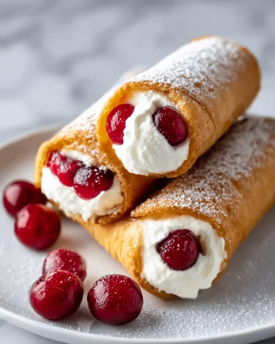 Three golden-brown rolled pastries are stacked on a white plate, each filled with smooth white cream and bright red cherries peeking out from the ends. A few cherries rest on the plate near the rolls, and a light dusting of powdered sugar covers the pastries. The background shows a white marbled texture, making the colors of the cherries and cream stand out. Photo taken with an iphone --ar 4:5 --v 7