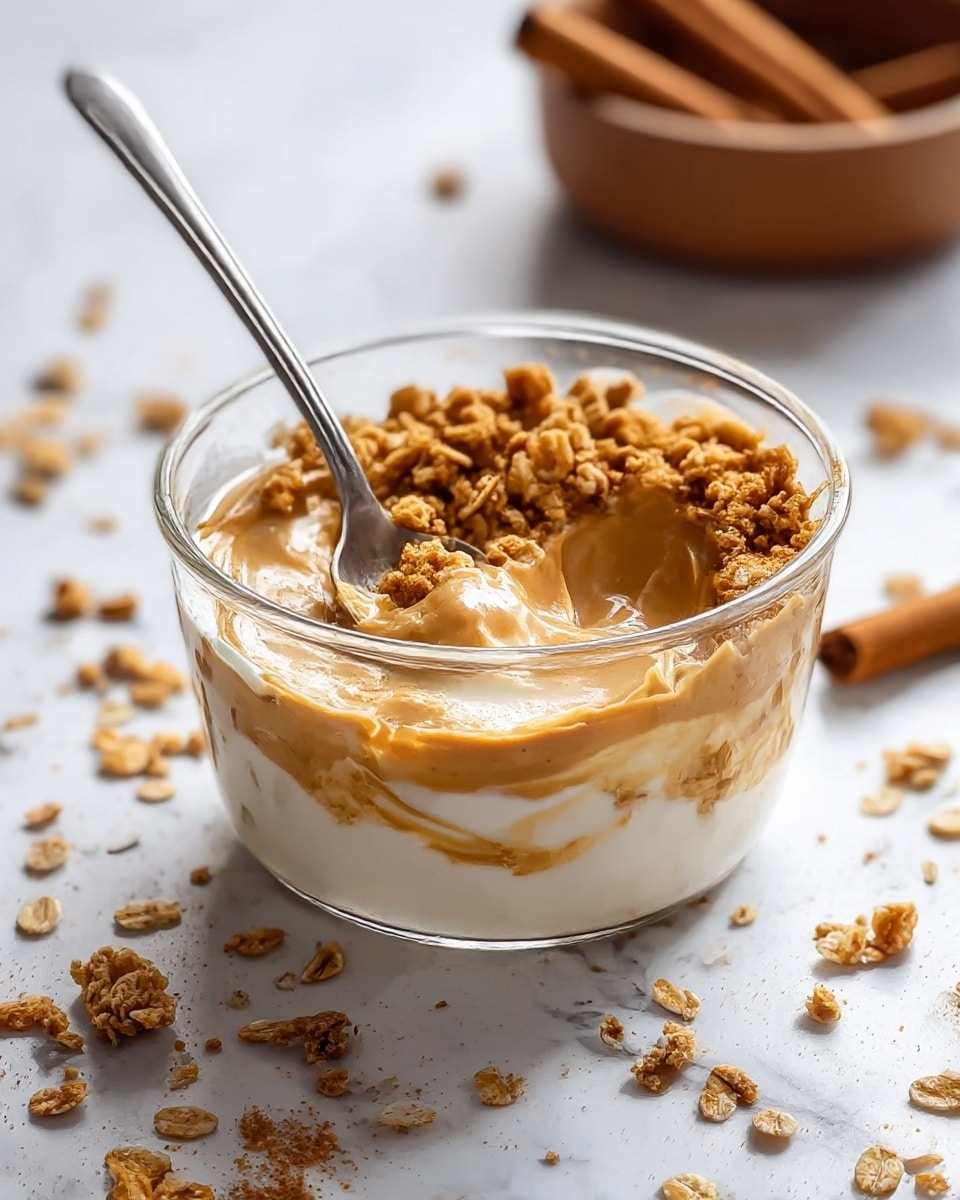 A clear glass bowl filled with three main layers: the bottom is smooth white yogurt, topped with a swirl of creamy tan peanut butter hugging the bowl's inner edge, and sprinkled with a mix of granola and cinnamon powder mainly on one side; a silver spoon rests inside the bowl, partially dipping into the yogurt and peanut butter mix. The bowl sits on a white marbled surface with scattered granola pieces around it. Photo taken with an iphone --ar 4:5 --v 7