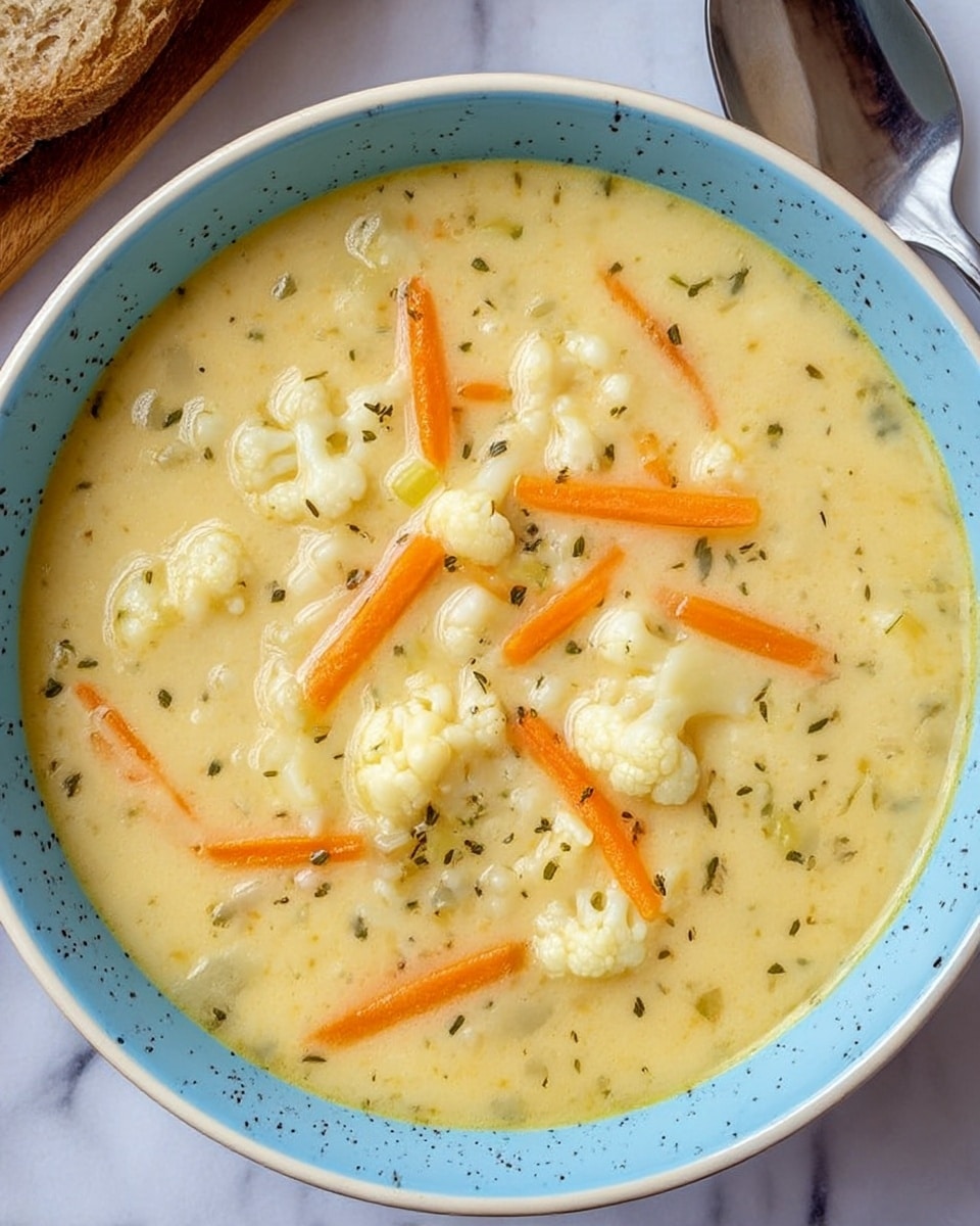 A bowl filled with creamy, pale yellow soup with small, soft cauliflower pieces and thin orange carrot strips scattered throughout. The soup has a smooth texture with some small green bits, likely herbs or celery, adding a touch of color. The bowl itself is white with a blue rim and speckled pattern, placed on a white marbled surface. A metallic spoon is next to the bowl on a light blue cloth, with a piece of bread partially visible behind the bowl. photo taken with an iphone --ar 4:5 --v 7