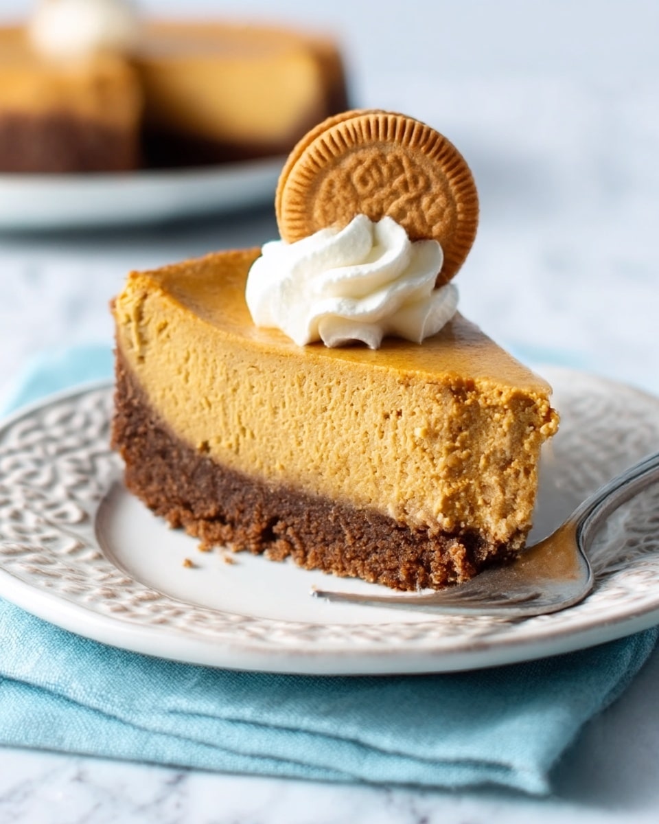 A single slice of cheesecake is placed on a white plate with a blue decorative pattern. The cheesecake has two layers: a thick, smooth beige pumpkin-flavored top layer and a darker brown, firm chocolate crust layer at the bottom. On top of the slice, there is a small dollop of white whipped cream with a round, textured cookie partly standing upright in it. Next to the slice, a silver fork rests on the plate. The plate is on a blue textured cloth, and the background is a white marbled surface. Photo taken with an iphone --ar 4:5 --v 7