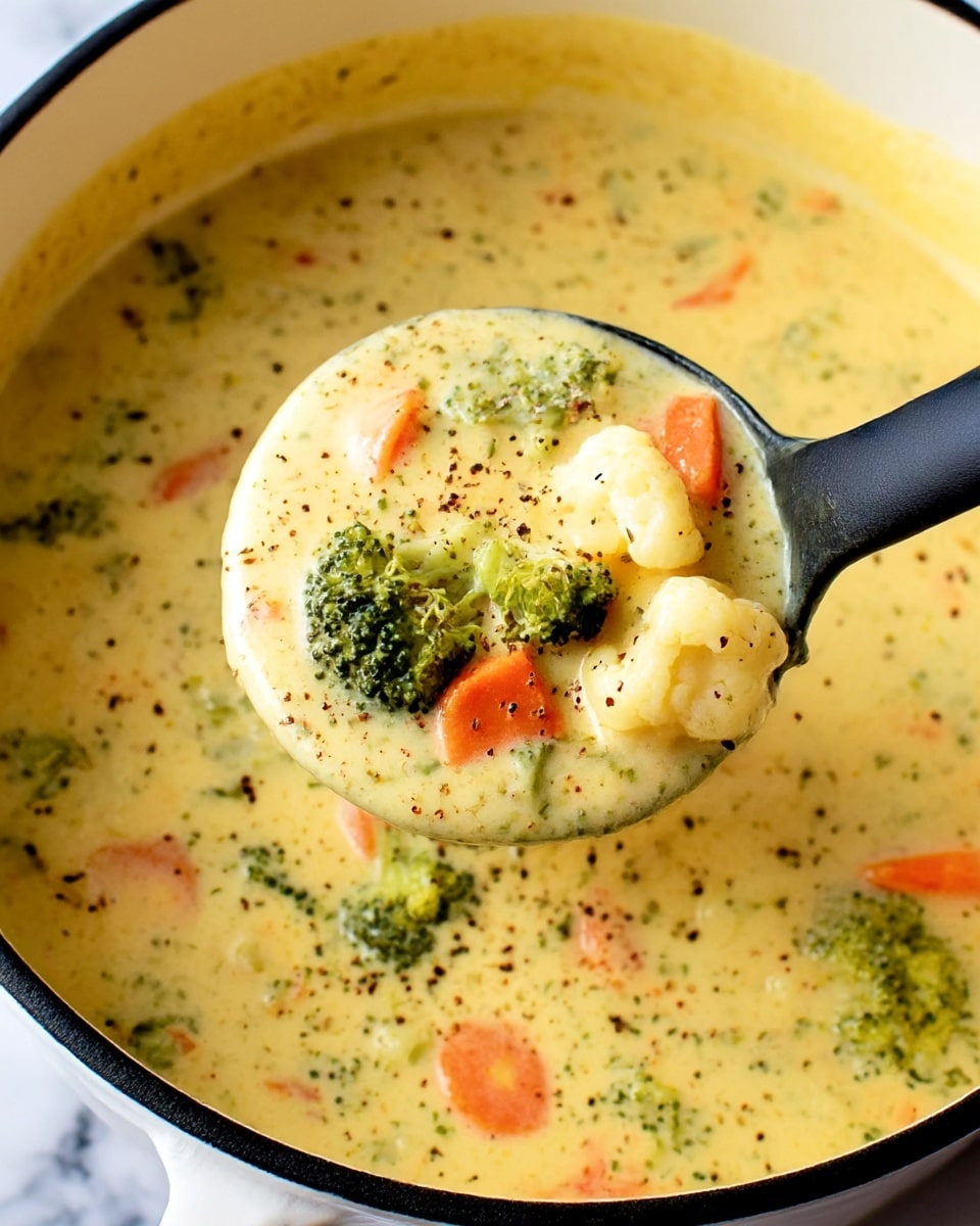 A close-up of a creamy soup in a white pot with a black rim, showing a thick yellowish base mixed with visible small chunks of green broccoli, orange carrot slices, and pieces of cauliflower. A black ladle lifts a scoop of the soup, highlighting the chunky vegetables inside. The soup surface has a light sprinkle of black pepper. The background is a white marbled texture. Photo taken with an iphone --ar 4:5 --v 7