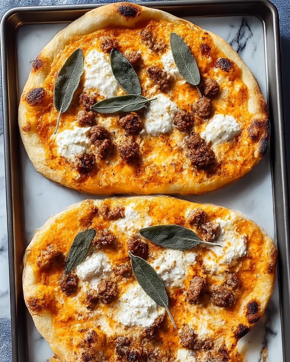 A round pizza is shown cut in half on a dark baking tray over a white marbled surface, with a crust that is light golden brown and slightly puffy. The first layer is a smooth orange sauce spread evenly across the dough, topped by a melted white cheese layer that has some browned spots. Scattered small clumps of cooked sausage add a textured brown layer, and dollops of soft, creamy white cheese are placed on top. Large, green sage leaves are spread out on each pizza half, adding a fresh touch. The pizza looks well-baked with some slight charring on the edges. Photo taken with an iphone --ar 4:5 --v 7