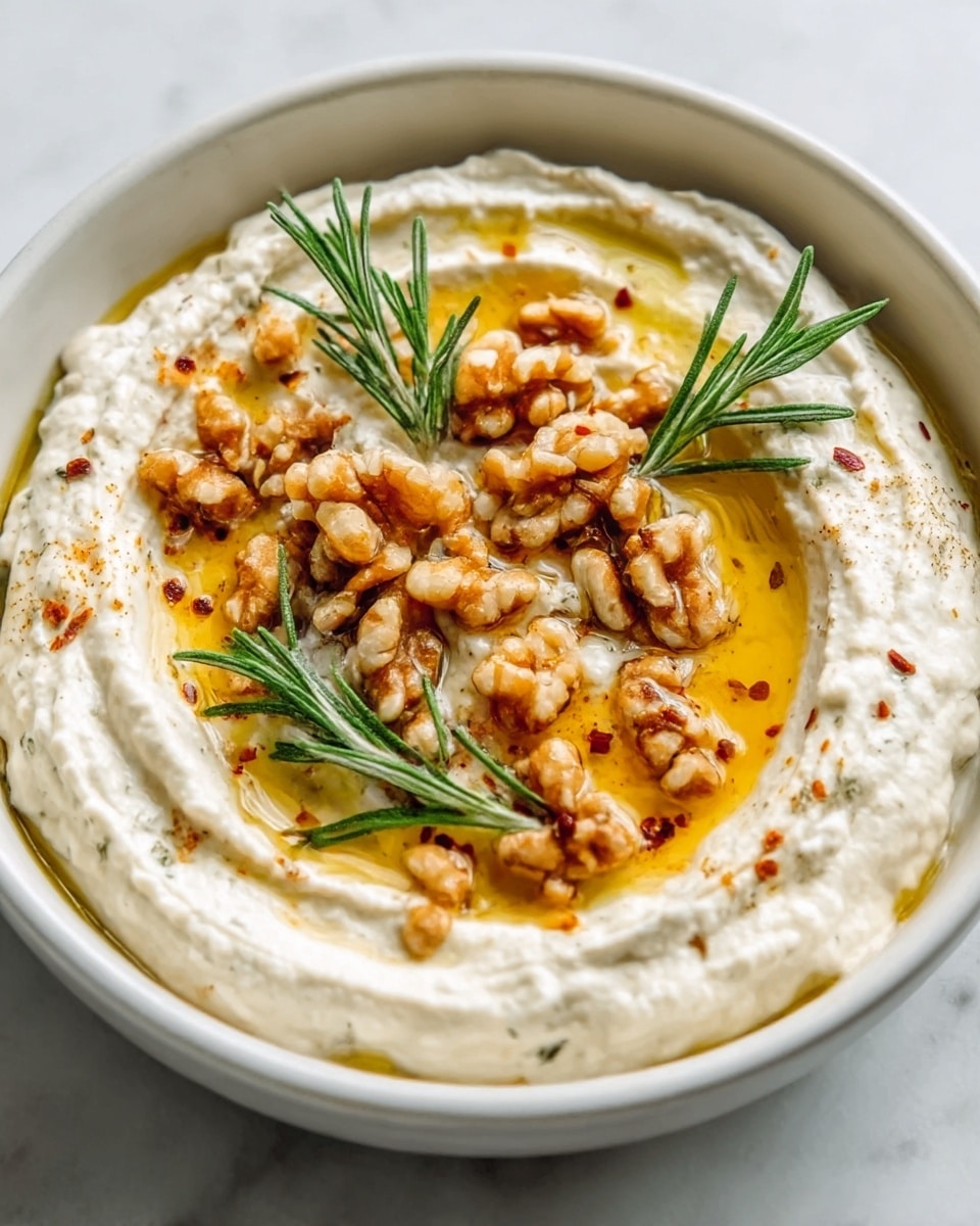 The image shows a shallow white bowl filled with a creamy light beige dip that has a smooth yet slightly fluffy texture. On top, there is a generous layer of golden olive oil pooling in the center, sprinkled with crumbled light brown toasted walnuts and small red chili flakes. Fresh green rosemary sprigs rest gently on the surface, adding a touch of color and freshness. The bowl sits on a white marbled surface. photo taken with an iphone --ar 4:5 --v 7
