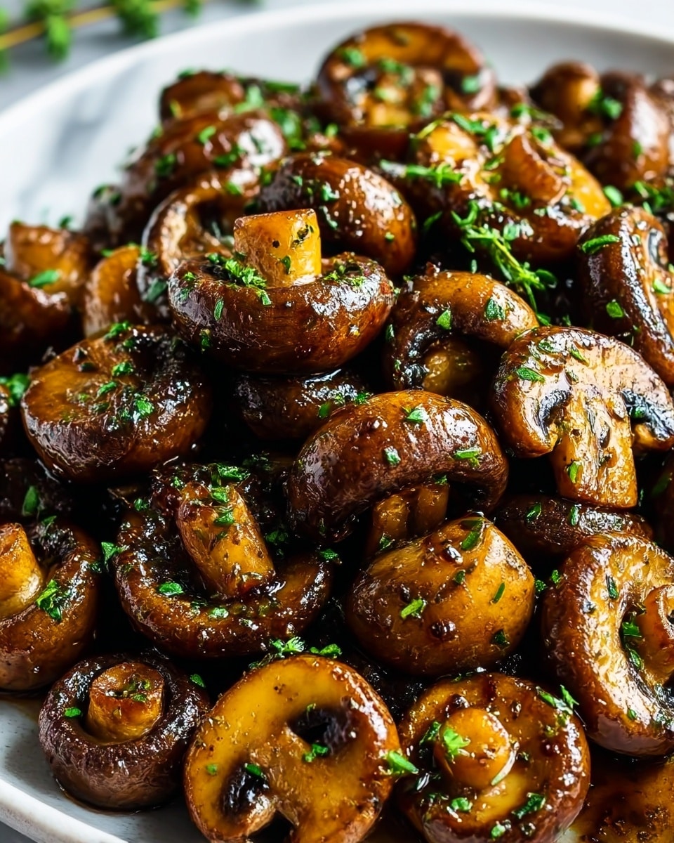 The image shows a close-up of cooked whole and sliced mushrooms layered with a shiny, dark brown glaze, garnished with finely chopped green herbs scattered evenly across the mushrooms. The mushrooms have a moist and slightly glossy texture, with some pieces showing darker caramelized spots, placed on a white plate. The photo is taken on a white marbled surface, giving a clean and bright background. Photo taken with an iphone --ar 4:5 --v 7
