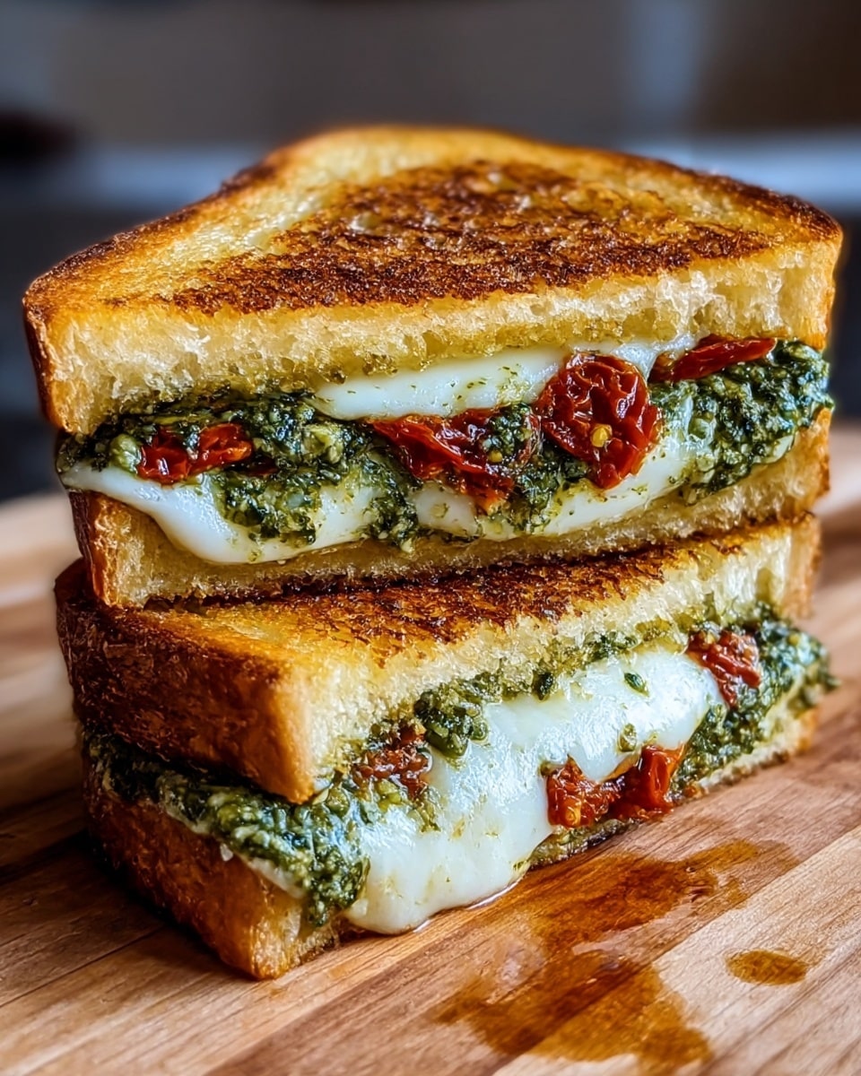A grilled sandwich cut in half and stacked, showing two layers of toasted golden-brown bread with a crisp texture. Inside the sandwich, there is a smooth white melted cheese layer in the middle, surrounded by a green pesto spread and small pieces of sun-dried tomato adding a bright red color and chewy texture. The sandwich halves sit on a wooden surface with slight grease spots. The photo taken with an iphone --ar 4:5 --v 7