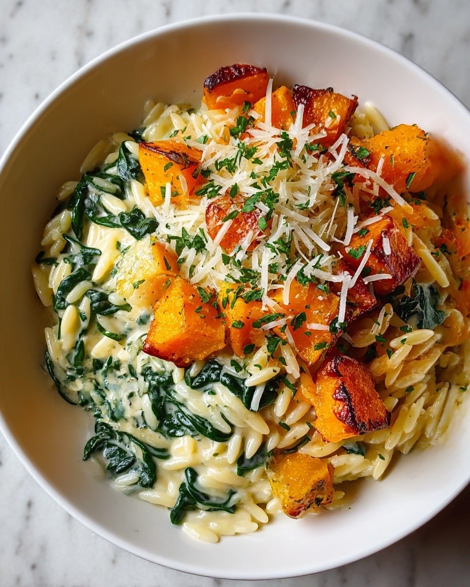 A white bowl holds a creamy orzo dish with three visible layers: the base layer is al dente orzo pasta mixed with wilted, dark green spinach leaves and a smooth, light cream sauce; scattered throughout are bright orange roasted pumpkin cubes with some edges caramelized to a deep brown; the top layer is garnished with finely shredded white cheese and sprinkled fresh green herbs for a fresh touch, all sitting on a white marbled texture surface. photo taken with an iphone --ar 4:5 --v 7