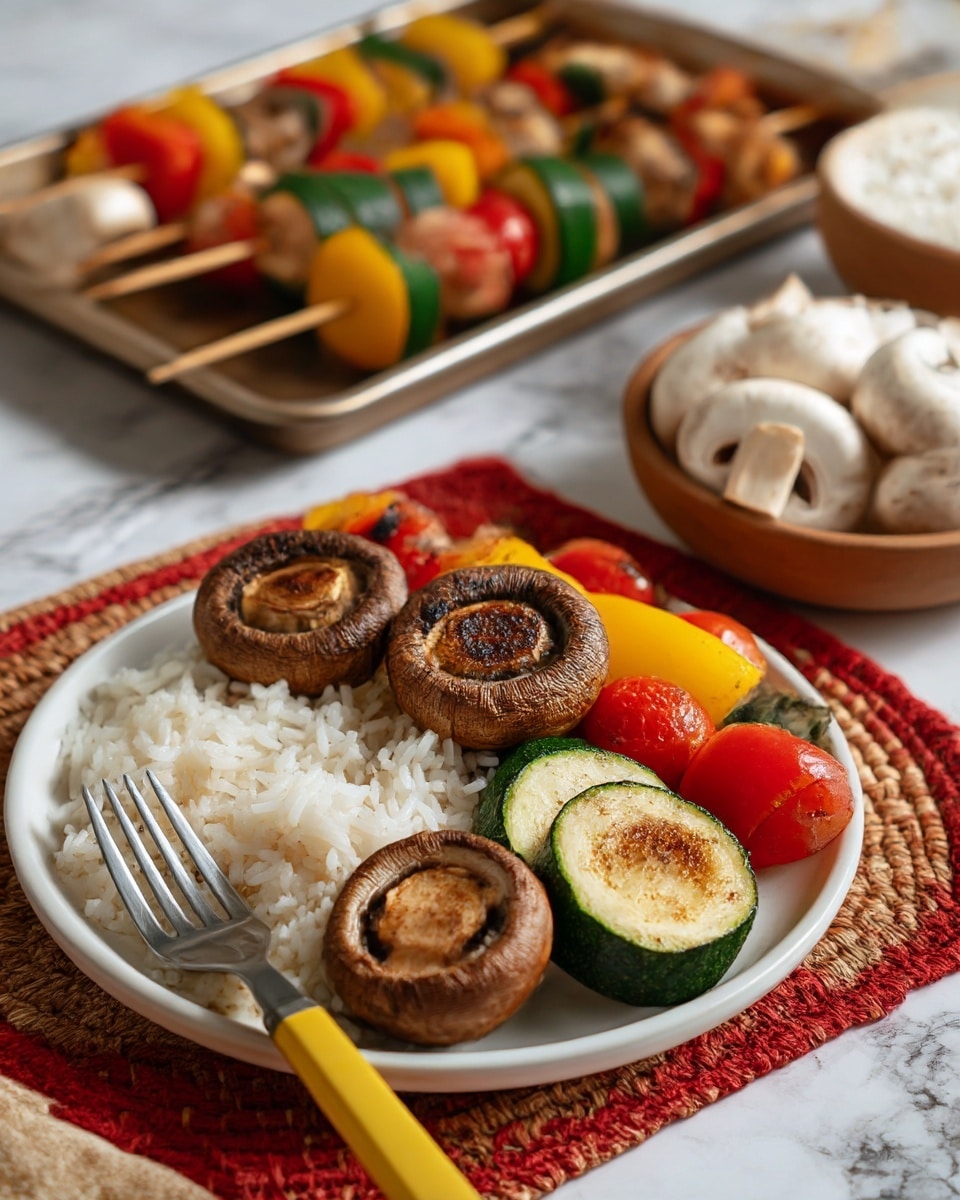 The image shows a white round plate with three main layers: the bottom layer is white cooked rice with visible grains, the middle layer is a mix of grilled vegetables including red tomatoes, yellow bell peppers, green zucchini slices, and onion pieces, and the top layer has several grilled brown mushrooms with a slightly charred texture. The plate is placed on a red and beige woven mat on a white marbled surface. A fork with a yellow handle lies on the left side of the plate. In the background, there is a tray with more colorful grilled vegetable skewers and two bowls, one filled with white rice and the other with raw white mushrooms. Photo taken with an iphone --ar 4:5 --v 7