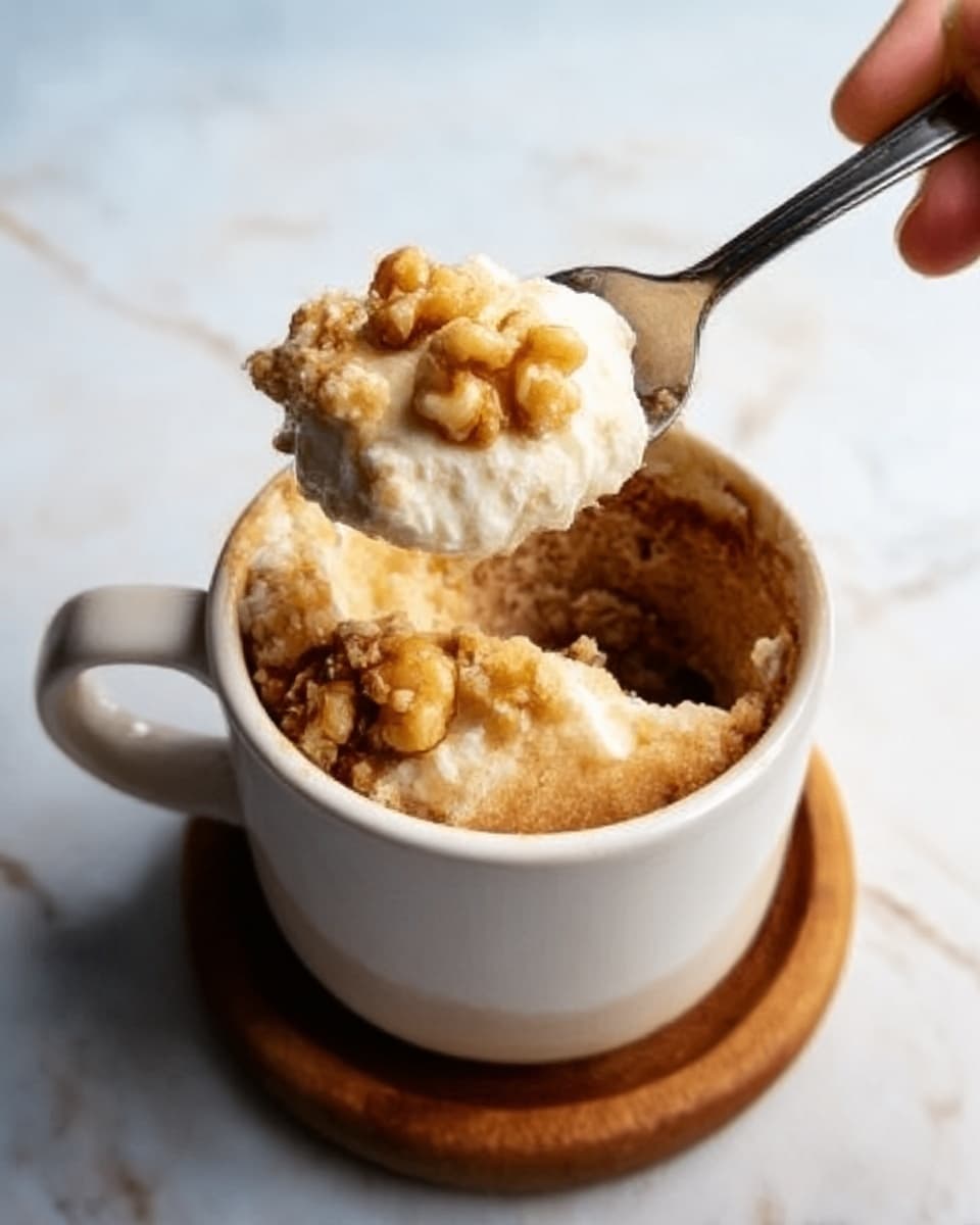The image shows a white cup filled with a layered dessert resting on a wooden coaster, placed on a white marbled surface. The bottom layer appears to be a soft, moist cake with a light brown color. Above it, there is a crunchy, golden-brown walnut topping scattered unevenly over a creamy white layer that looks like whipped cream or frosting. A spoon is digging into the dessert, partially lifting the cake layer, with a woman's hand holding the spoon. The textures vary from smooth and creamy to crumbly and crunchy. Photo taken with an iphone --ar 4:5 --v 7