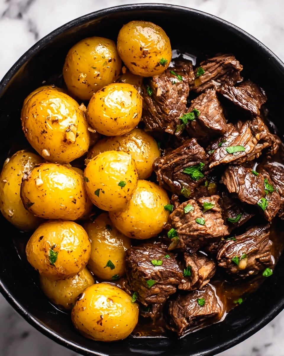 The image shows a close-up of a black bowl filled with two main layers of food. On the left side, there are whole baby potatoes with a shiny, golden-yellow skin, looking soft and seasoned with small bits of herbs and spices. On the right side, there are chunks of dark brown cooked beef with a slightly crispy texture on the outside and visible seasonings like small green parsley pieces. Both the potatoes and beef sit in a thin, glossy sauce that pools at the bottom, giving a moist appearance to the dish. The bowl contrasts with the white marbled surface beneath it. photo taken with an iphone --ar 4:5 --v 7