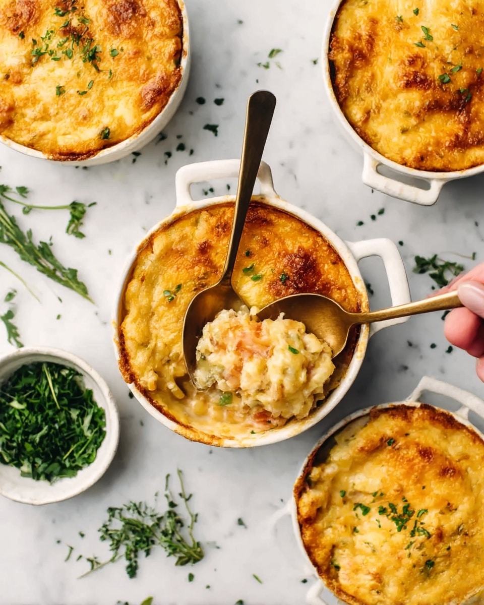 The image shows a round white ceramic dish filled with a creamy, golden brown baked casserole that has a crispy cheese topping with small green herb pieces visible within. A woman's hand holds a golden spoon scooping out a soft, smooth, and cheesy layer from the middle, revealing a thick, creamy inside. The dish rests on a white marbled surface with fresh green herbs scattered around, and additional white bowls containing green garnish are partially visible in the background. photo taken with an iphone --ar 4:5 --v 7