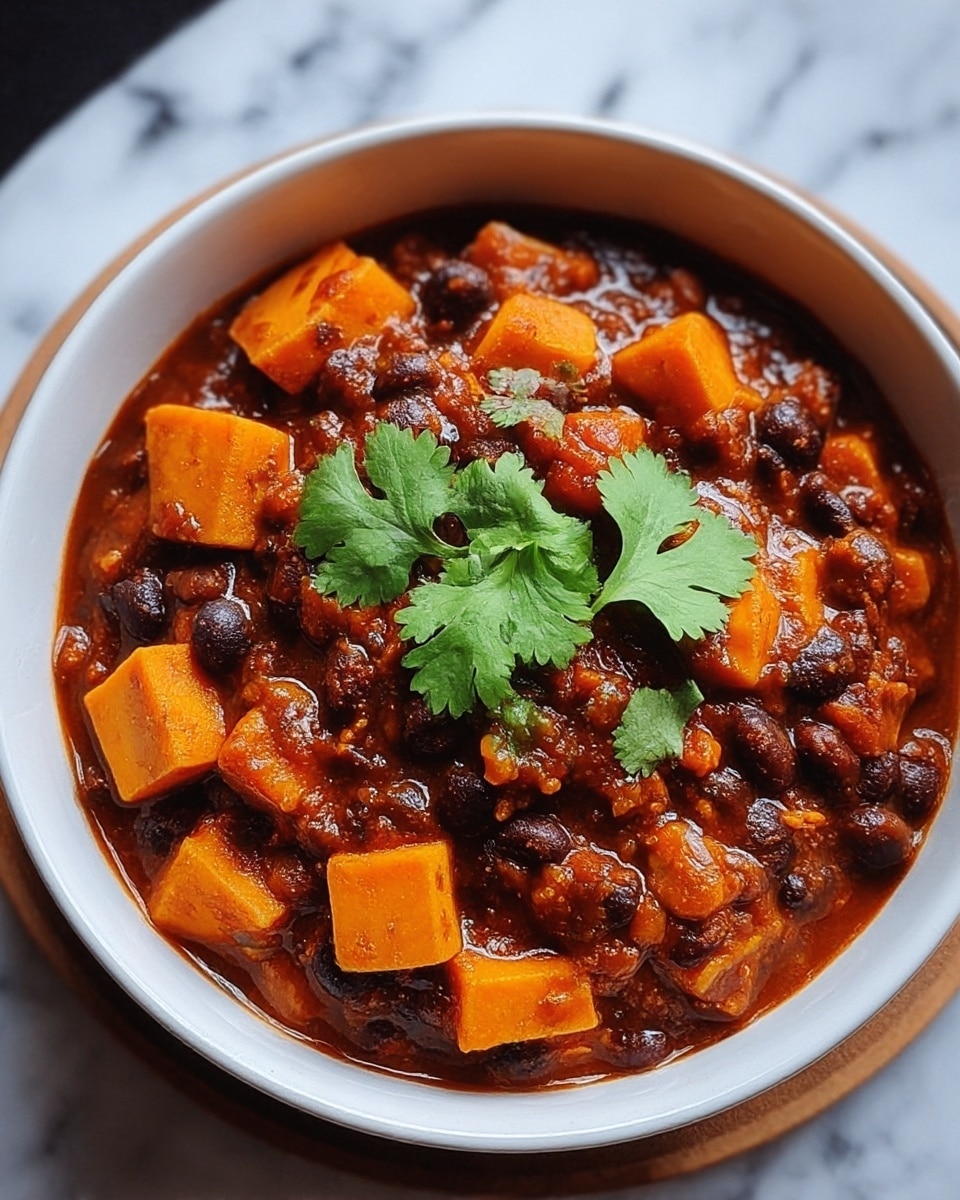 The image shows a white bowl filled with a thick stew of dark brown-black beans and bright orange cubed sweet potatoes, all mixed in a rich reddish-brown sauce. On top, two fresh green cilantro leaves add a pop of color. The bowl is placed on a round plate with a grayish tone, set on a white marbled surface that contrasts softly with the warm colors of the food. The stew looks hearty with a chunky texture, and the colors blend well to make the dish inviting and warm photo taken with an iphone --ar 4:5 --v 7