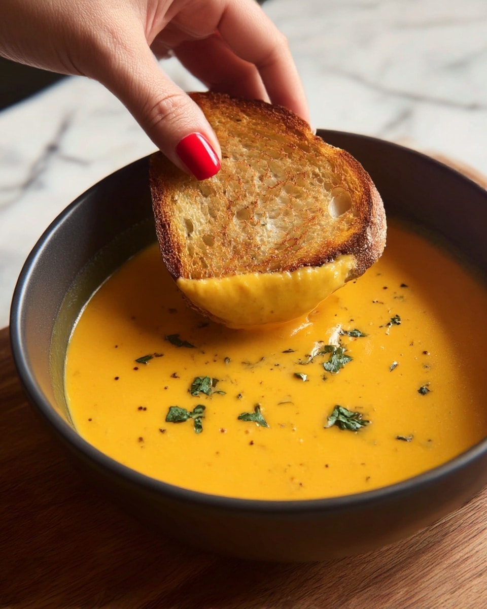 A dark gray bowl filled with smooth, thick orange soup garnished with small green herb leaves and a few roasted seeds scattered on top. In the foreground, a woman's hand with red nail polish is dipping a toasted golden-brown slice of bread, showing its porous texture, partially covered in the soup. The bowl is placed on a wooden countertop with light and dark wood grain. Photo taken with an iphone --ar 4:5 --v 7