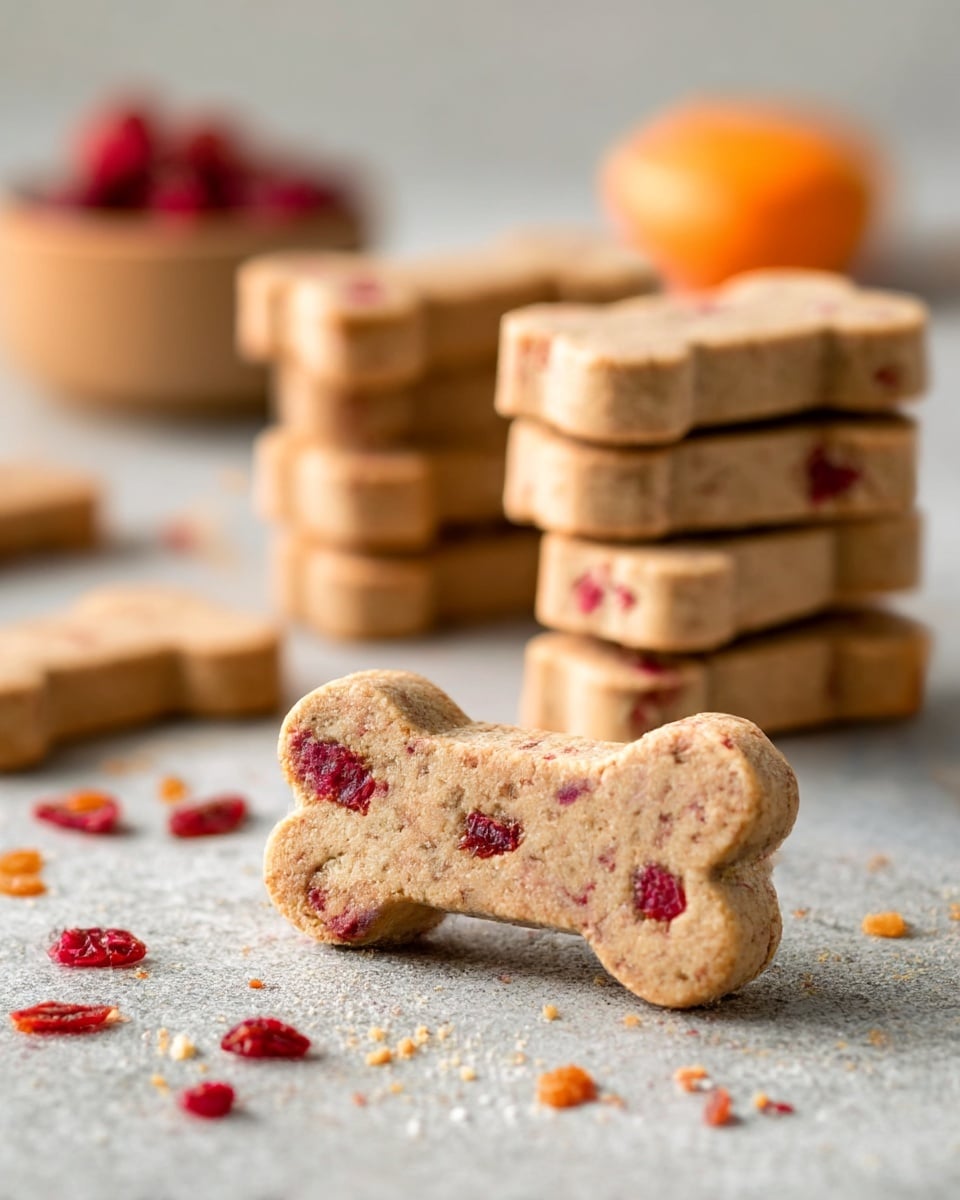 The image shows several light brown, bone-shaped cookies with small pieces of red fruit embedded inside. In the foreground, one cookie is close up, showing a slightly rough texture with visible red fruit bits. Behind it, there is a neat stack of four cookies, each showing the same light brown color with red fruit pieces visible on the sides. To the back left, more cookies are piled, slightly blurred, with the same colors and shapes. The cookies rest on a textured surface with scattered crumbs and red fruit pieces around. In the background, a small light brown bowl filled with red fruit and an orange object are softly out of focus. The photo is taken with an iphone --ar 4:5 --v 7