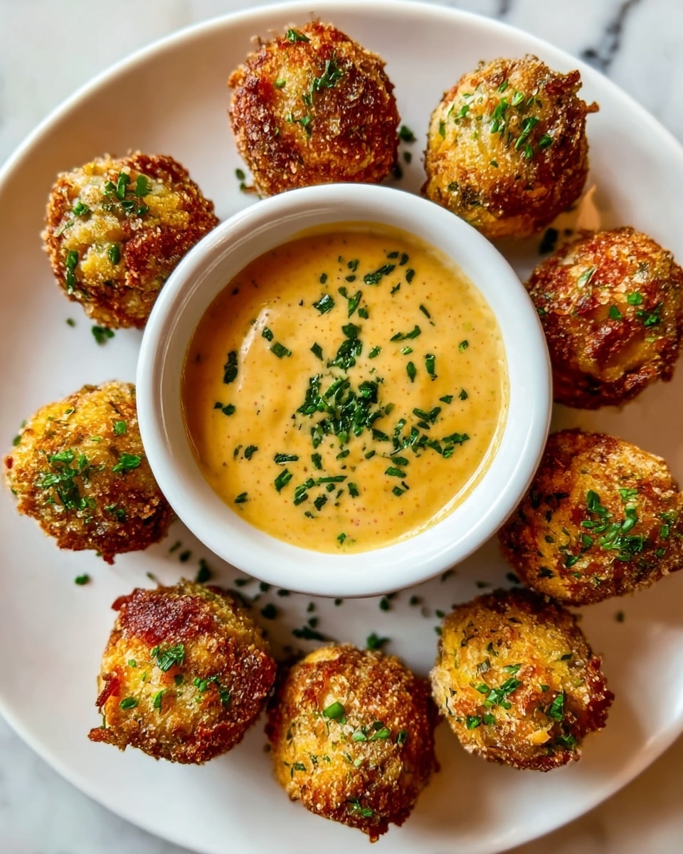 A white bowl with creamy, light orange sauce topped with green herbs is placed in the center of a round white plate. Around the bowl, there are eight golden-brown baked balls with a crispy texture, each sprinkled with chopped green herbs on top. The balls have a slightly uneven surface showing a crunchy outside, and the plate is set on a white marbled texture. photo taken with an iphone --ar 4:5 --v 7