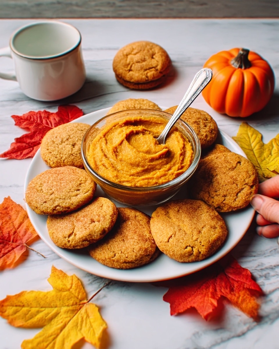 The image shows a round white plate filled with soft, brown cookies arranged in a circle around a clear glass bowl. The bowl contains a bright orange, smooth spread with a spoon resting inside it. Around the plate, there are colorful autumn leaves in red, yellow, and orange shades scattered on a white marbled surface. On the top left side, there is a small orange pumpkin-shaped container. On the top right, a white cup with a saucer holds a hot beverage with a spoon inside. A woman's hand is reaching towards the plate from the right side. The photo taken with an iphone --ar 4:5 --v 7