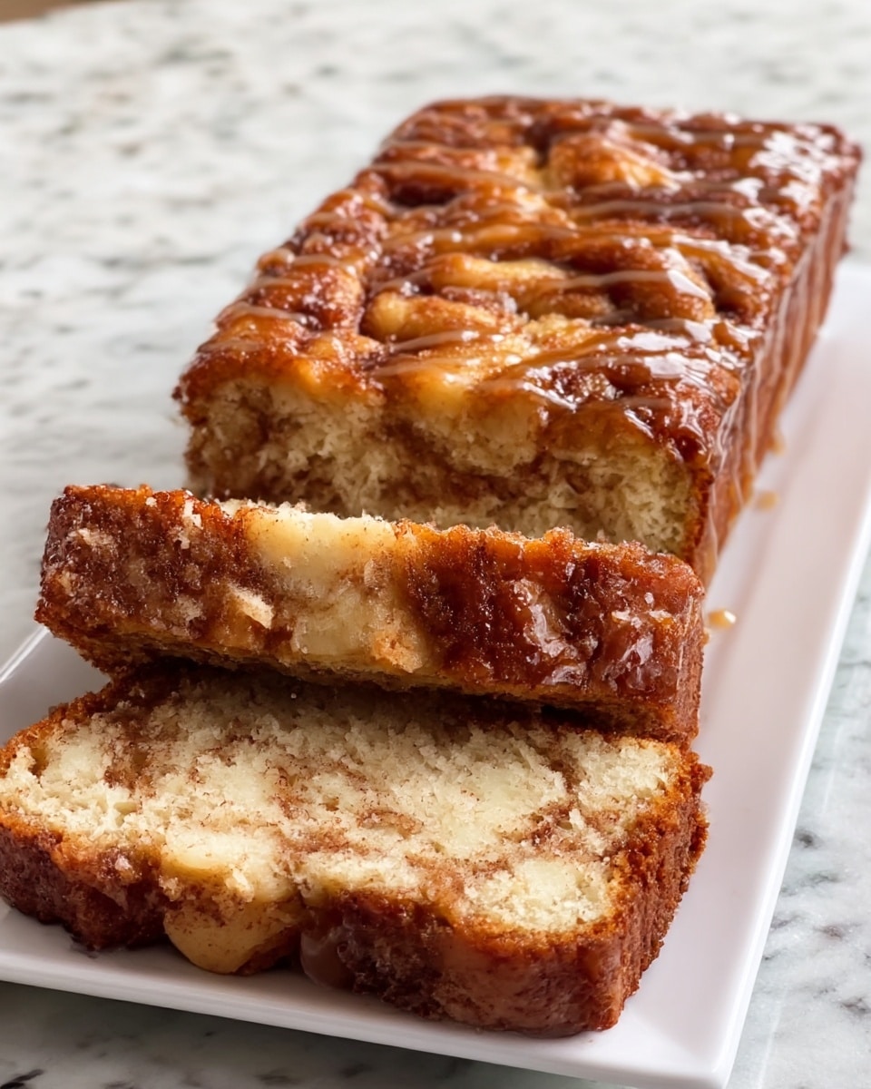 A loaf of moist cinnamon apple bread is placed on a white rectangular plate set on a white marbled surface. The bread has three visible layers: the top layer is golden brown with a shiny glaze and bits of cinnamon and apple chunks, the middle layer shows a soft, light beige crumb speckled with tender pieces of apple, and the bottom layer is dense and rich with a darker cinnamon swirl throughout. The glaze drips slightly down the sides, giving the bread a glossy, sticky texture. Photo taken with an iphone --ar 4:5 --v 7