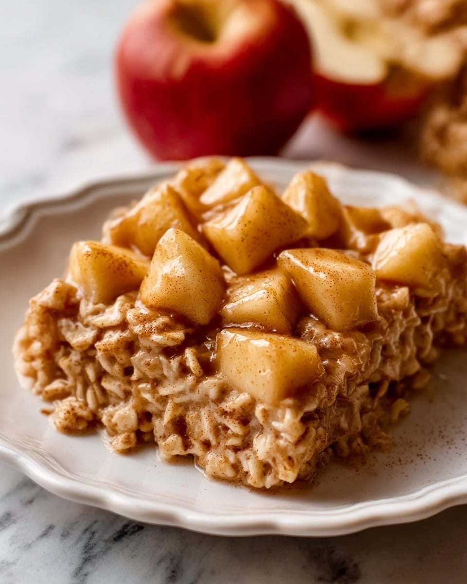 A close-up view of a creamy oatmeal dish served on a white plate with a scalloped edge, featuring two visible layers: the base is soft, textured oatmeal mixed with cinnamon specks, and the top layer consists of tender, chunky apple pieces covered in a light brown cinnamon syrup, creating a warm, sticky look; the background shows a blurred red apple and a white marbled surface. photo taken with an iphone --ar 4:5 --v 7