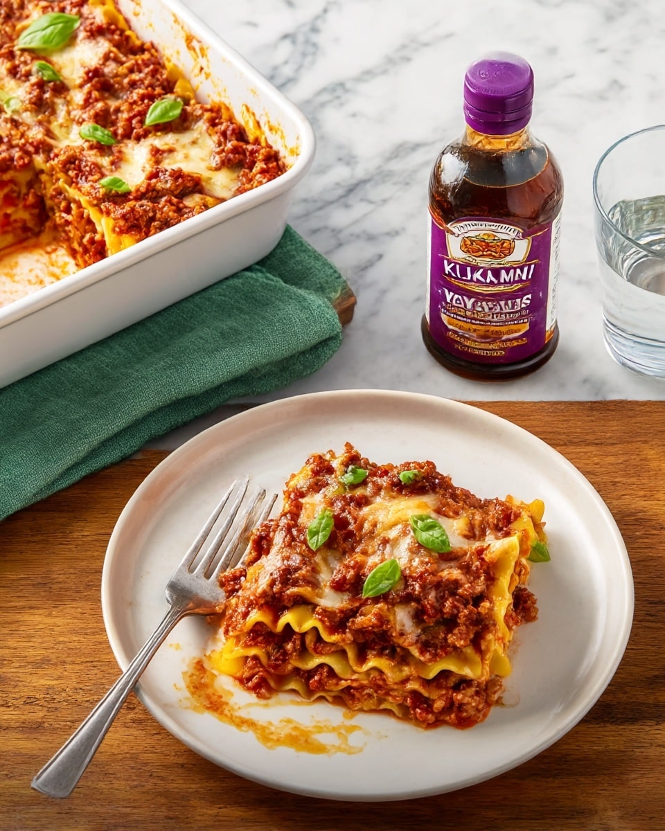 A white plate holds a serving of baked pasta with three visible layers: a bottom layer of yellow pasta shells, a middle layer of rich red tomato meat sauce mixed with browned ground beef, and a top layer of melted light brown cheese bubbling with bits of browned meat and sauce. Fresh green basil leaves sit on top as garnish. A silver fork leans on the plate's left side. To the right, there is a white rectangular baking dish filled with more of the same pasta layered with meat sauce and melted cheese. In the bottom right corner, a bottle of dark brown Kikkoman roasted garlic teriyaki sauce with a purple cap is placed on a white marbled surface. The whole scene is set on a wood textured table background. photo taken with an iphone --ar 4:5 --v 7