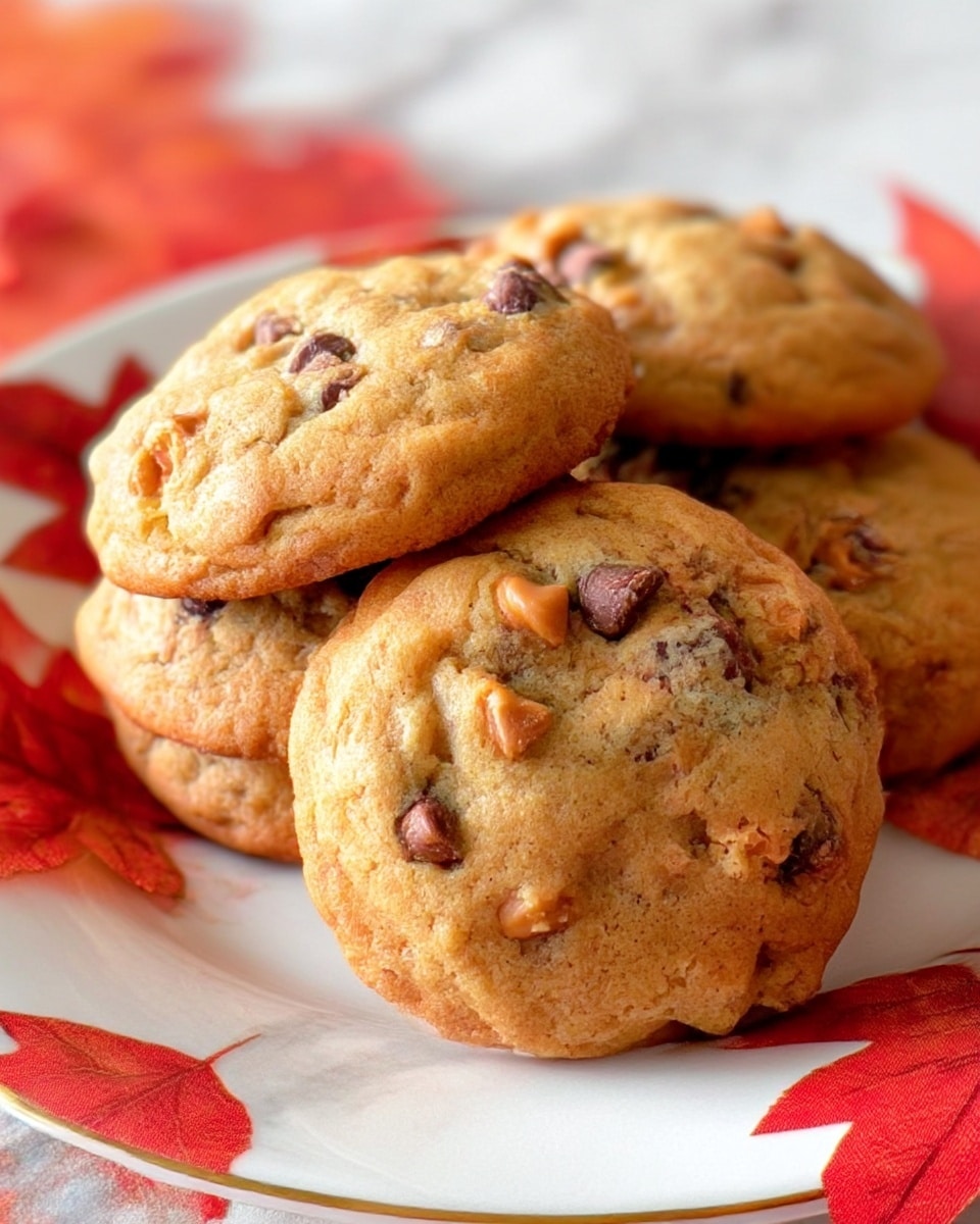 The image shows a close-up of five thick, round cookies stacked on a white plate decorated with red and orange autumn leaves. The cookies are golden brown with a slightly rough surface, studded with visible dark chocolate chips and lighter chunks, likely butterscotch or caramel pieces. The texture looks soft and dense, with small cracks and bumps on each cookie's surface. The background is a white marbled surface, and the vibrant leaf designs on the plate add a warm, cozy autumn feel to the scene. photo taken with an iphone --ar 4:5 --v 7