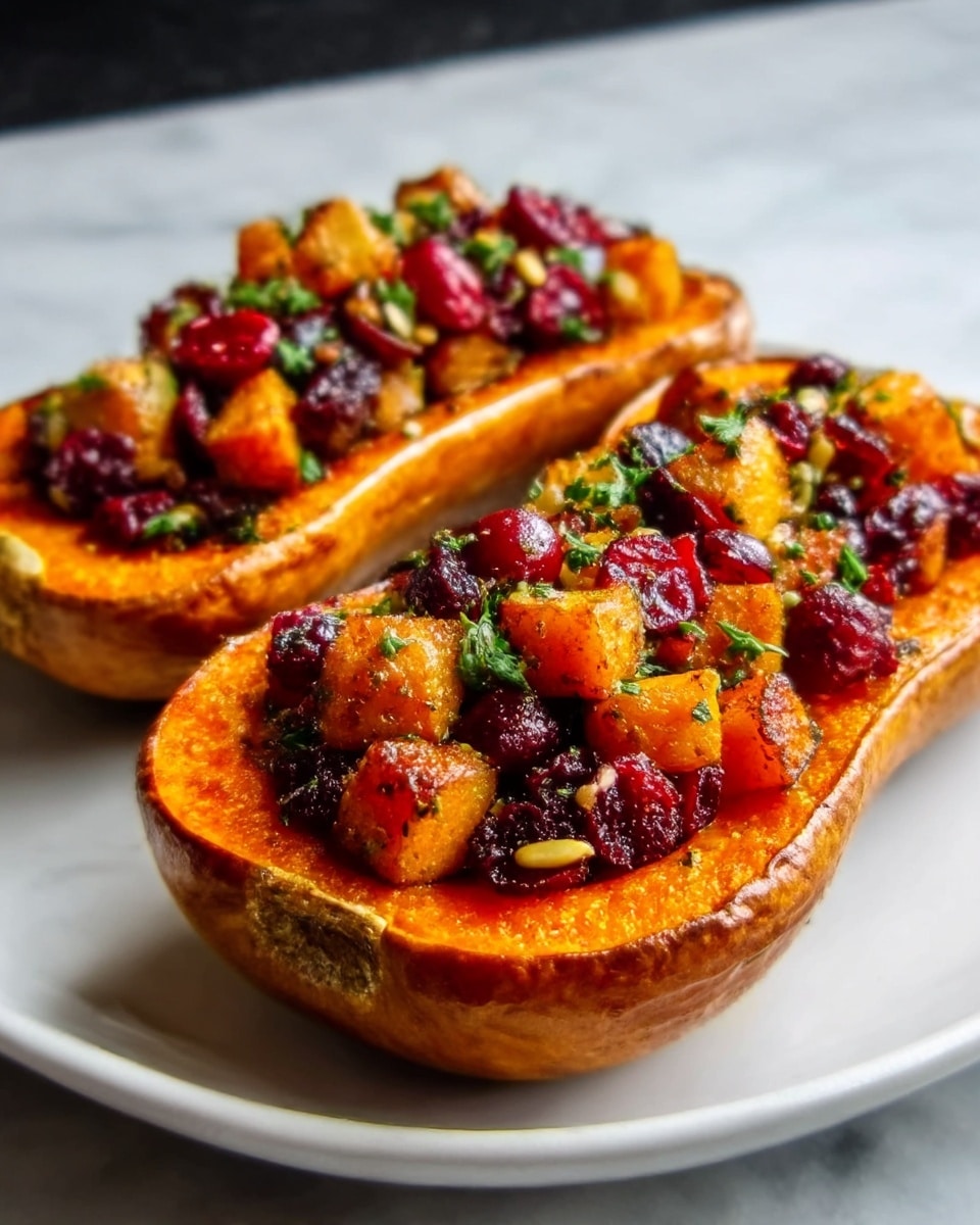 Two halves of roasted butternut squash sit on a white plate, each filled with a colorful mix of diced orange squash, deep red cranberries, and dark brown chopped nuts. The squash skin is deep orange with a slightly charred texture, while the inside is soft and vibrant orange. The topping looks glossy and fresh, scattered generously to cover the squash cavities. The plate rests on a white marbled surface, and the lighting highlights the warm colors and textures of the dish. Photo taken with an iphone --ar 4:5 --v 7