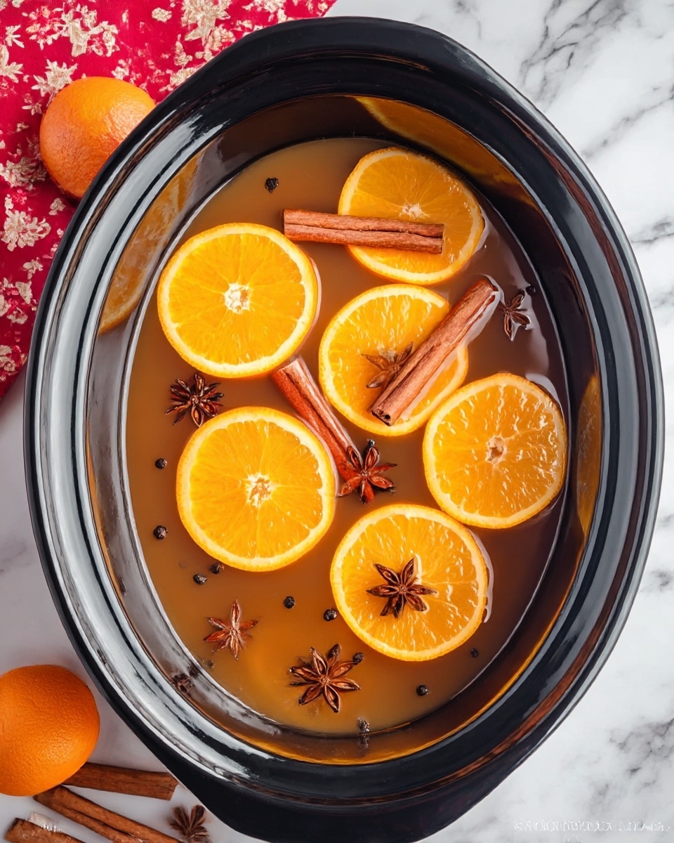 A black slow cooker filled with a warm light brown liquid has six bright orange slices floating on the surface, arranged in a spread-out pattern. There are three cinnamon sticks placed on top of the liquid, each resting on or near an orange slice. Small star anise and black cloves are scattered around the liquid, some floating and some settled. The slow cooker is placed on a white marbled surface, with more cinnamon sticks and star anise scattered nearby, and a cloth with red floral patterns partially visible in the top left corner. Photo taken with an iphone --ar 4:5 --v 7