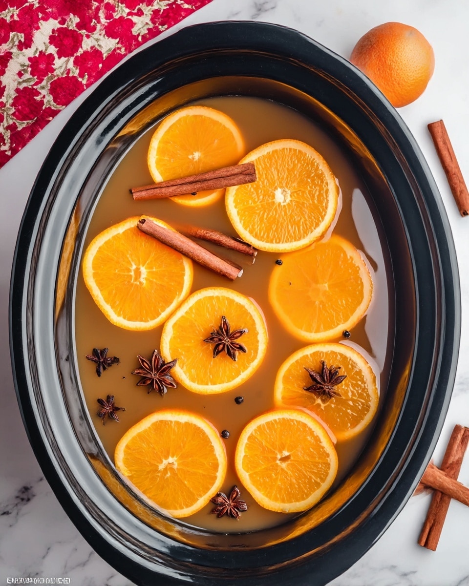 A black slow cooker filled with a warm brown liquid with five bright orange slices floating on the surface. Among the orange slices are three cinnamon sticks, and several star anise and whole cloves scattered throughout the liquid. The slow cooker is placed on a white marbled surface with some cinnamon sticks and star anise around it. A white cloth with a red and yellow floral pattern is partially visible in the background. Photo taken with an iphone --ar 4:5 --v 7