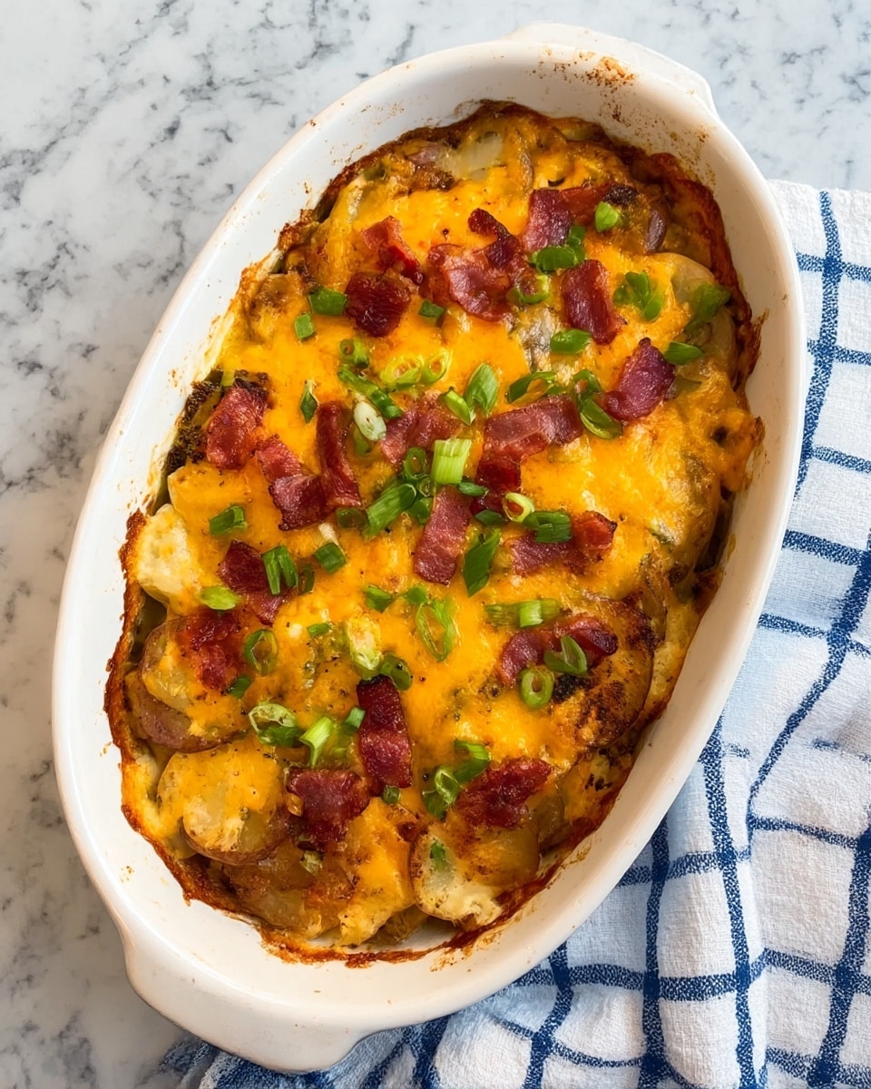 An oval white ceramic dish filled with a layered baked casserole, where the top layer is melted golden yellow cheese with browned edges. Scattered on top are small pieces of crispy pink bacon and chopped green onions. Underneath the cheese, round slices of browned potatoes are visible, some showing a slightly crispy texture. The dish sits on a white marbled surface with a white and blue checkered cloth partially under it, and a blue and white patterned cloth in the background. photo taken with an iphone --ar 4:5 --v 7