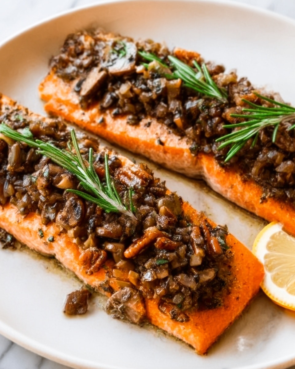 The image shows two cooked salmon fillets placed side by side on a white plate, each fillet topped with a generous layer of small, finely chopped mushrooms mixed with herbs that add a dark, earthy brown color and a hint of green. The salmon is a bright orange-pink with a slightly crispy texture on the top surface. Small green twigs of rosemary are scattered on top of the mushroom layer, adding a fresh, vibrant touch. To the side of the fillets, there is a slice of lemon with a soft yellow color. The background is a white marbled texture, giving a clean and fresh look. photo taken with an iphone --ar 4:5 --v 7