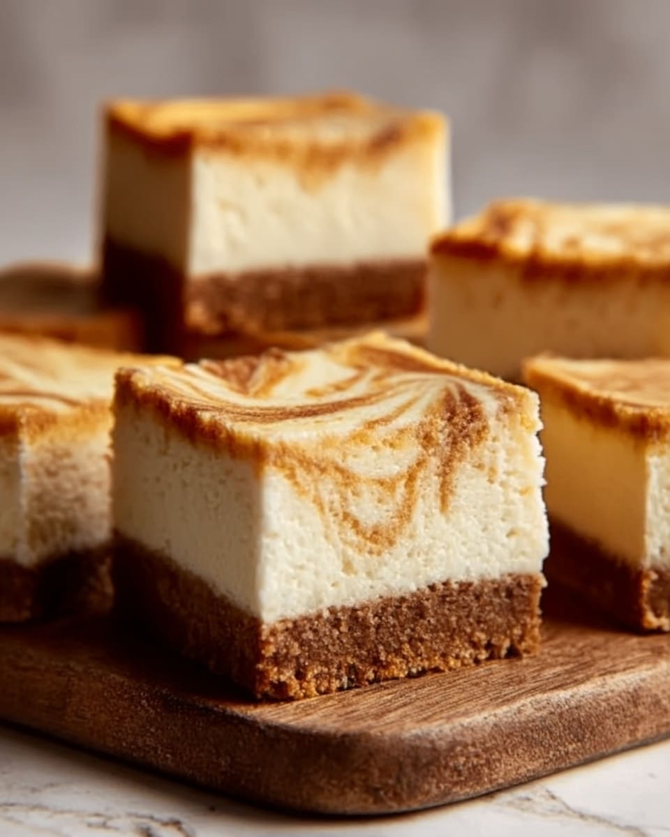 The image shows a close-up of square cheesecake pieces placed on a wooden board, each piece having three layers: a thick, crumbly brown base, a creamy white middle layer, and a top layer with a swirl pattern in light brown and cream colors. The swirls create a marbled effect, adding texture and visual interest. The background is a white marbled texture. Photo taken with an iphone --ar 4:5 --v 7