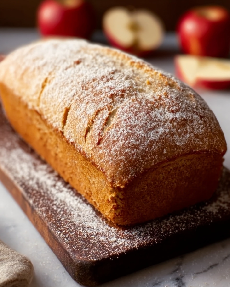 A loaf of golden brown bread with a soft texture sits on a dark wooden board, dusted lightly with white flour. The bread has a slightly rough crust with small cracks and a soft, spongy inside visible at the edges. Around the loaf, there are a few red apples slightly blurred in the background, and the whole scene rests on a white marbled surface. Photo taken with an iphone --ar 4:5 --v 7