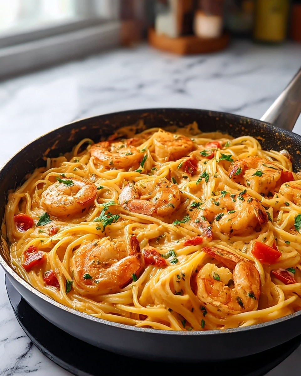 A pan filled with cooked spaghetti noodles forms the base layer, coated evenly in a creamy, light orange sauce with specks of herbs. On top, multiple pink-orange cooked shrimp with curled tails are scattered across the noodles, some nestled slightly beneath. Small pieces of red tomatoes and green parsley leaves are sprinkled throughout, adding color contrast. The pan sits on a black trivet on a white marbled surface, and the kitchen background is softly blurred. Photo taken with an iphone --ar 4:5 --v 7