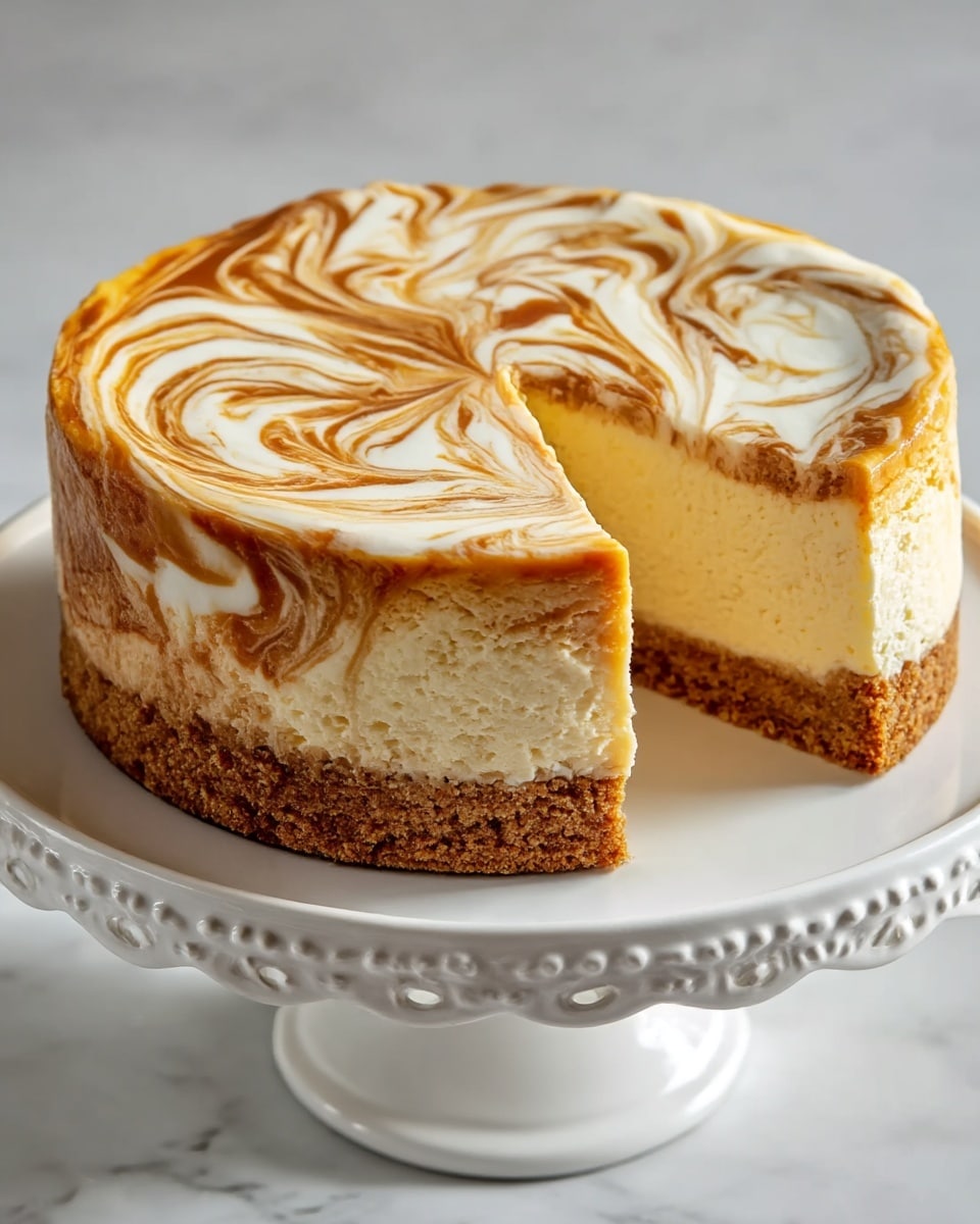 The image shows a creamy cheesecake on a white detailed cake stand placed on a white marbled surface. The cheesecake has three visible layers: a thick, crumbly brown crust at the bottom, a thick and smooth pale yellow middle layer of cheesecake filling, and a thin top layer with a marbled pattern of white and caramel brown swirls. A slice has been cut out from the cheesecake, revealing the soft texture inside. The surface of the cheesecake looks smooth and glossy with fluid swirl designs. photo taken with an iphone --ar 4:5 --v 7