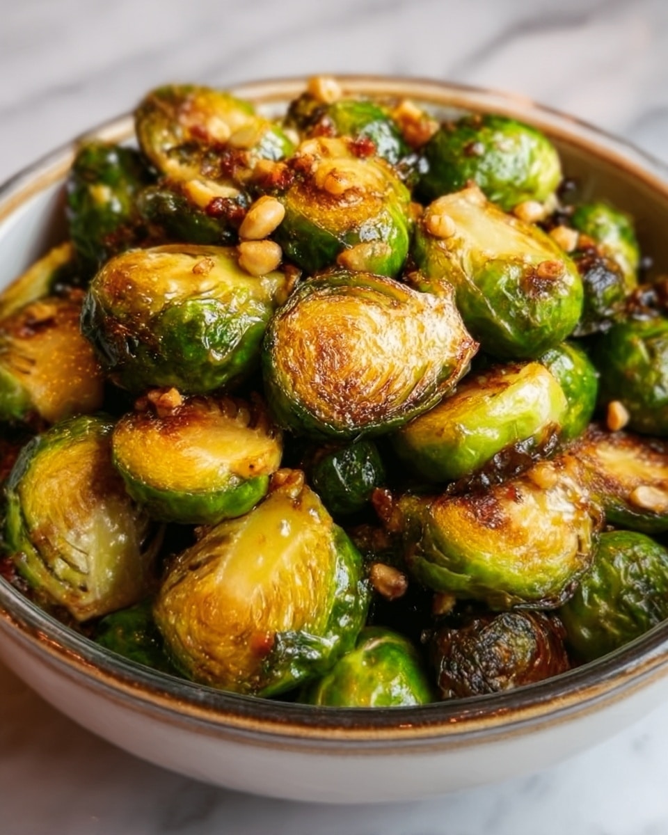The image shows a bowl filled with roasted Brussels sprouts, which are green with golden brown edges and char marks. The Brussels sprouts are cut in half, with some outer leaves loose and crispy, scattered on top. The bowl is white and sits on a white marbled surface. The sprouts look slightly glossy as if they were cooked in oil or butter, with small bits of seasoning and possibly garlic mixed in. Photo taken with an iphone --ar 4:5 --v 7