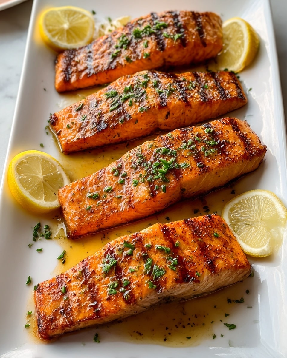 The image shows four grilled salmon fillets placed in a single layer on a white rectangular plate. Each salmon piece has a rich golden-orange color with visible grill marks and a slightly crispy surface. The salmon is garnished with small, finely chopped green herbs scattered on top and around the fillets. Around the salmon, there are several lemon wedges with pale yellow flesh and white rind, adding contrast and freshness. The plate sits on a white marbled texture surface, and soft natural light highlights the glistening oils and juices on the fish. photo taken with an iphone --ar 4:5 --v 7