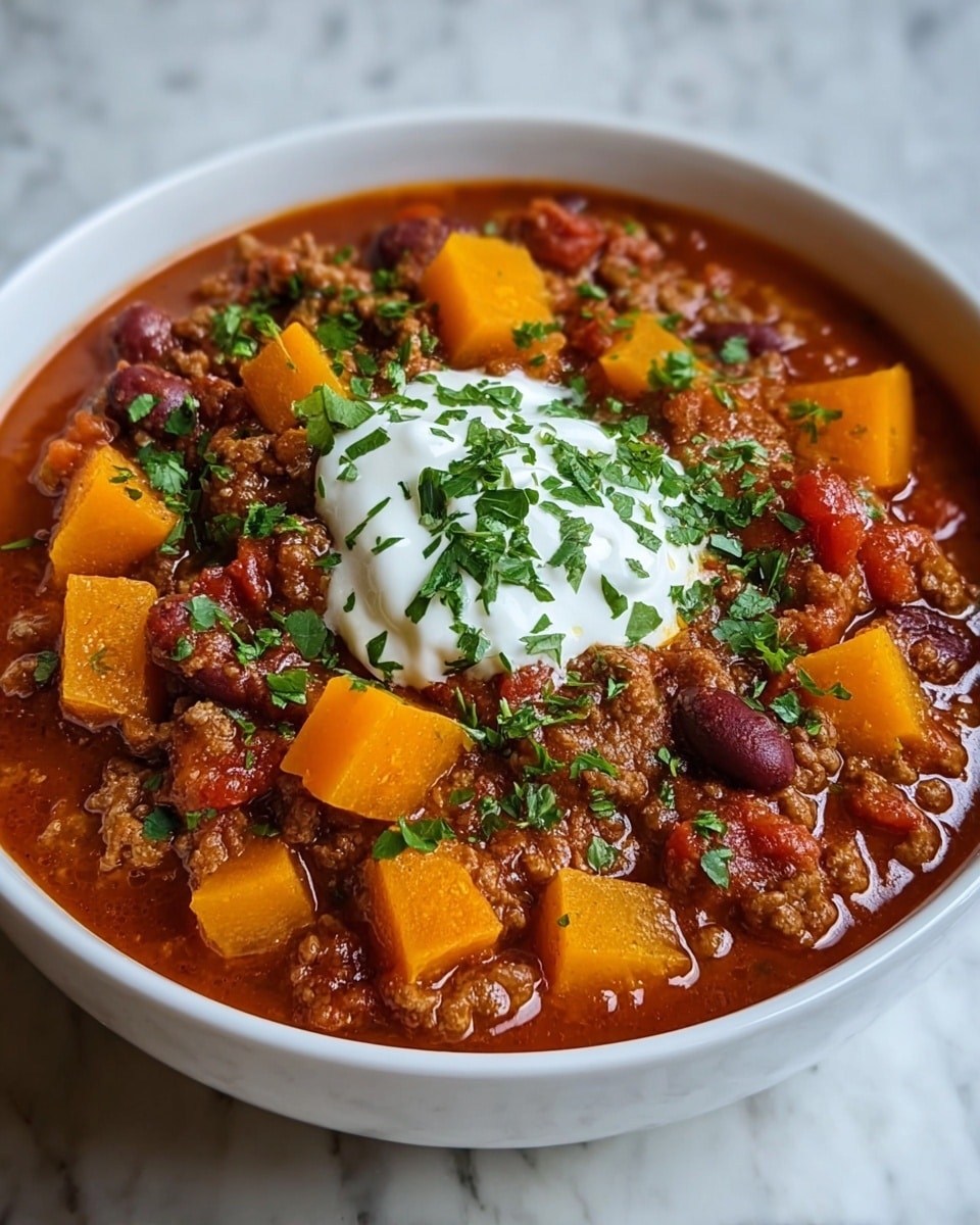 A close-up top view of a black bowl filled with a thick stew featuring large chunks of orange sweet potatoes and black beans in a rich, dark reddish-brown sauce. On top, there is a central dollop of white sour cream, next to a small pile of finely diced light green avocado pieces. The stew has small bits of green herbs sprinkled across it. The bowl sits on a white marbled surface, with lime slices and green leaves blurred in the background. photo taken with an iphone --ar 4:5 --v 7