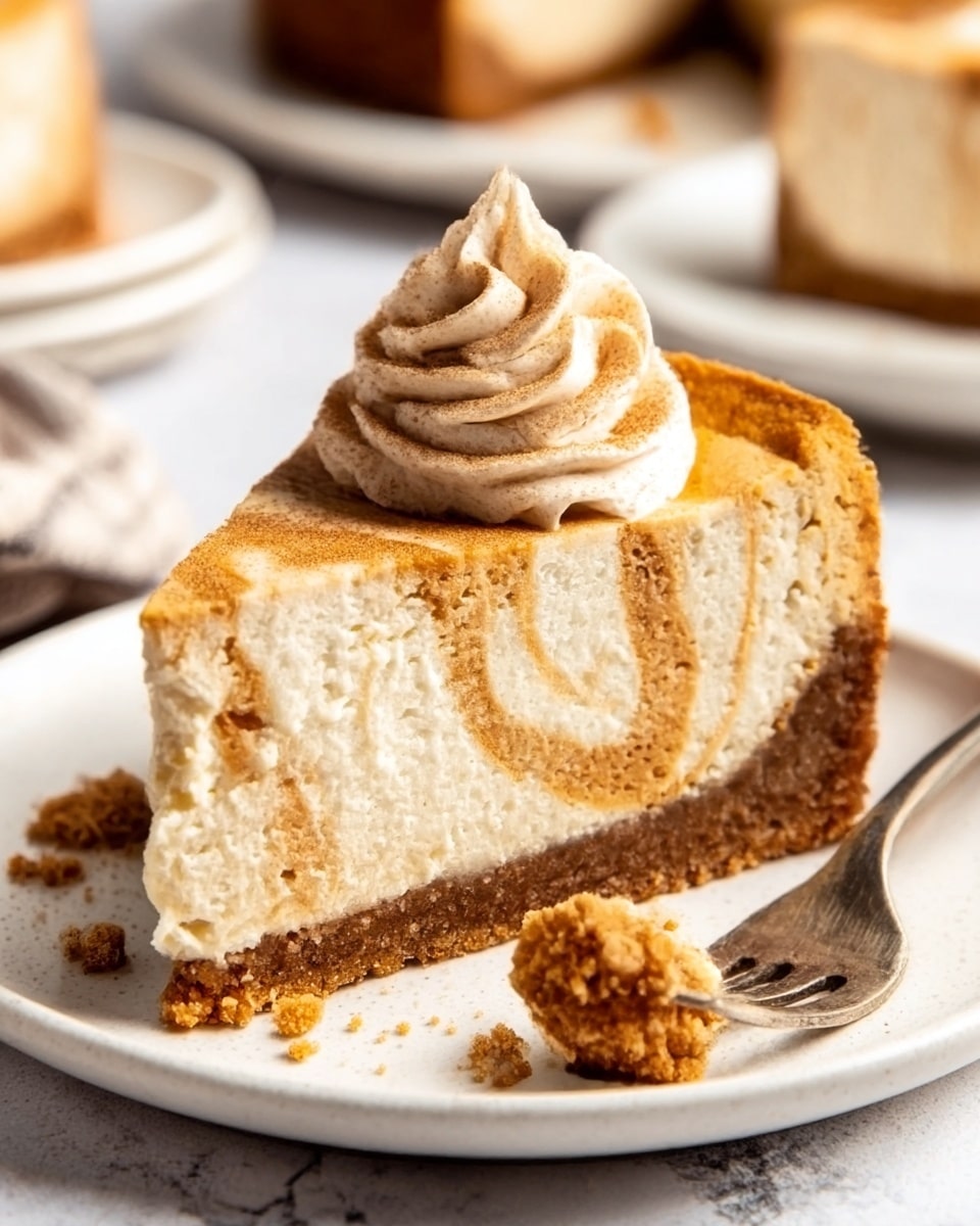 A slice of cheesecake sits on a white plate with a crumbly brown crust at the bottom layer. Above the crust is a thick, creamy off-white layer of cheesecake with a smooth texture. The top layer has swirls of light brown and darker brown, giving a marbled effect. On top of the slice is a swirl of light brown whipped cream, textured with soft ridges. There are a few small crumbs scattered on the plate near the cheesecake. The plate is on a white marbled surface. Photo taken with an iphone --ar 4:5 --v 7