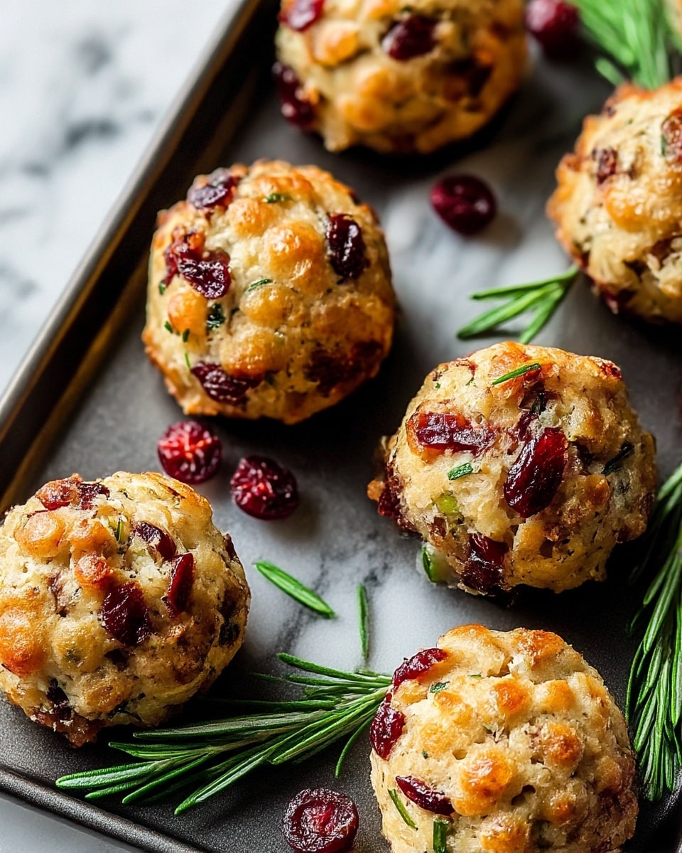 The image shows six small, round baked balls arranged on a dark tray. Each ball has a golden-brown crust with a bumpy texture and contains visible bits of red cranberries and green herbs throughout. Fresh rosemary sprigs are scattered around the balls on the tray, adding a green contrast. The tray is placed on a white marbled surface. The baked balls look crisp on the outside with a soft and moist inside, highlighted by the uneven golden color. Photo taken with an iphone --ar 4:5 --v 7