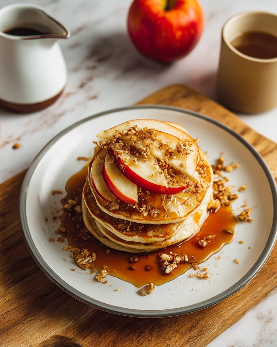 A stack of three golden brown pancakes sits in the center of a white plate with a thin gray rim. Between each pancake layer are thin, round slices of light cream and red apple. The top pancake is covered with more apple slices arranged in a circular pattern, sprinkled with small clusters of crunchy granola. Rich amber maple syrup is generously drizzled over the entire stack, pooling slightly on the plate. The plate is placed on a wooden surface. Nearby, there is a beige ceramic cup filled with coffee, a white small pitcher holding more maple syrup, and a whole red apple. photo taken with an iphone --ar 4:5 --v 7