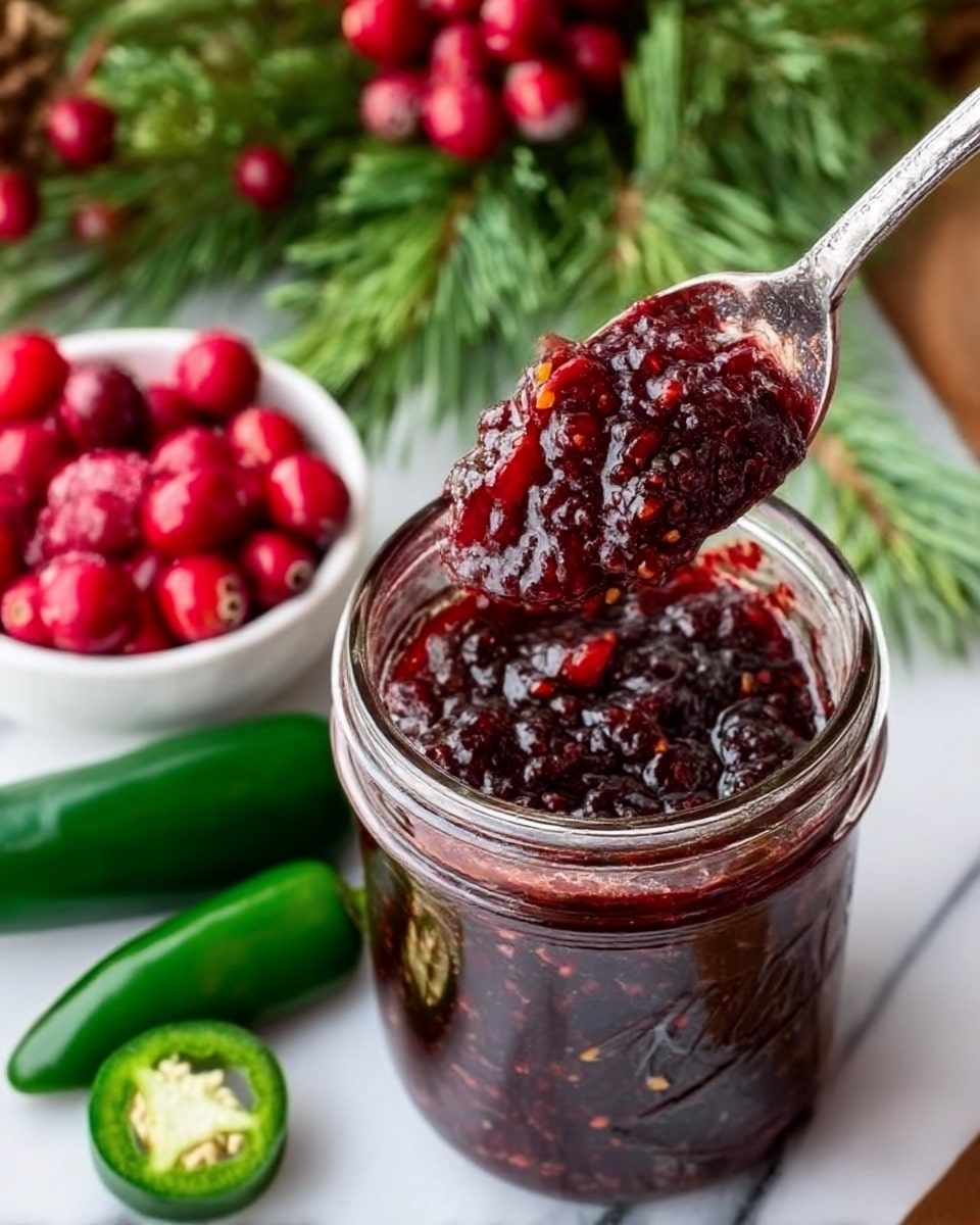 The image shows an open glass jar filled with dark red cranberry jalapeño jam that has a thick, chunky texture with visible small bits of fruit and seeds. A silver spoon, held by a woman's hand, is scooping some jam out of the jar, showing the glossy, sticky surface and dense consistency. The jar is placed on a white marbled surface. Next to the jar, there are sliced green jalapeño peppers with seeds visible and a whole jalapeño pepper. In the background, there is a small white bowl filled with bright red cranberries and some green pine-like foliage, adding a fresh and natural touch. photo taken with an iphone --ar 4:5 --v 7