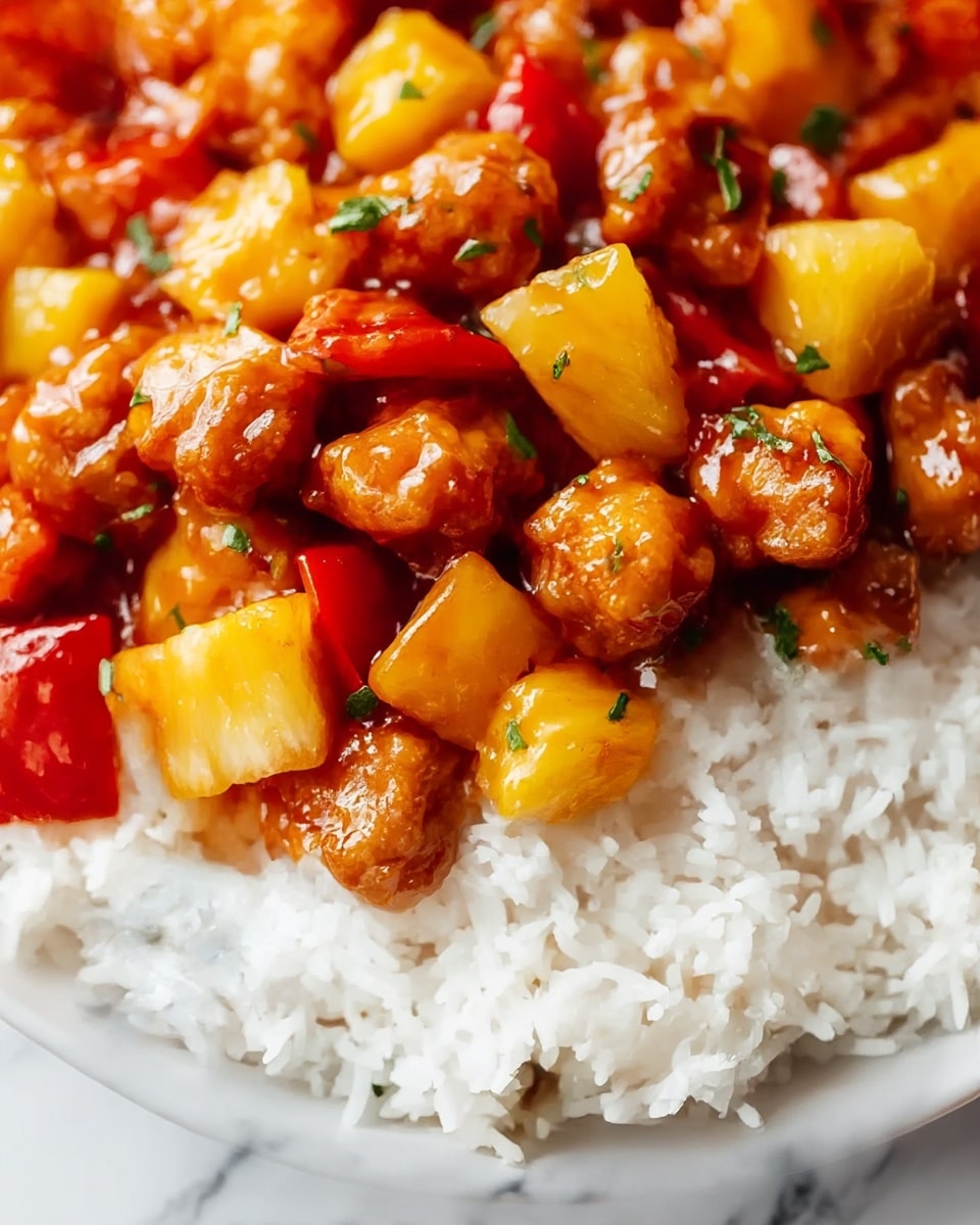This close-up image shows a dish of sweet and sour chicken served over white rice. The first layer at the bottom is fluffy white rice with distinct grains. On top, there are golden-brown chicken pieces coated in a glossy, sticky sweet and sour sauce. Mixed in with the chicken are small chunks of yellow pineapple and red bell pepper, adding bright color and texture. Small green onion pieces are scattered over the dish, giving a fresh accent. The food is placed on a surface with a white marbled texture. photo taken with an iphone --ar 4:5 --v 7