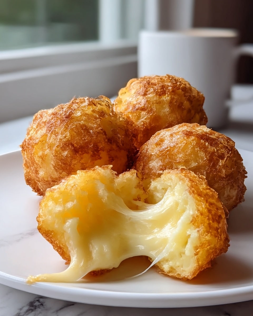 The image shows four golden brown fried cheese puffs placed on a white plate on a white marbled surface. The puffs have a rough, crispy outer layer that is a deep golden color with some darker, crunchy spots. One of the cheese puffs in the front is torn open, revealing a soft, creamy, and gooey inner layer of melted cheese that stretches in strings between the two halves. The other three puffs remain whole, with their rounded tops and textured crusts clearly visible. The background includes a blurry cup beside a window with soft natural light. Photo taken with an iphone --ar 4:5 --v 7