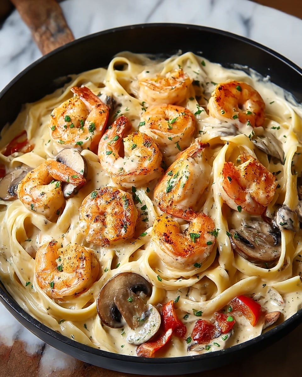 A black pan filled with creamy pasta topped with several orange and white grilled shrimp scattered evenly on top, alongside large sliced brown mushrooms with a slight shine from the sauce. The pasta underneath is light yellow fettuccine coated in a thick cream sauce, dotted with small bits of red bell pepper and sprinkled green herbs. The whole dish sits on a white marbled texture. photo taken with an iphone --ar 4:5 --v 7