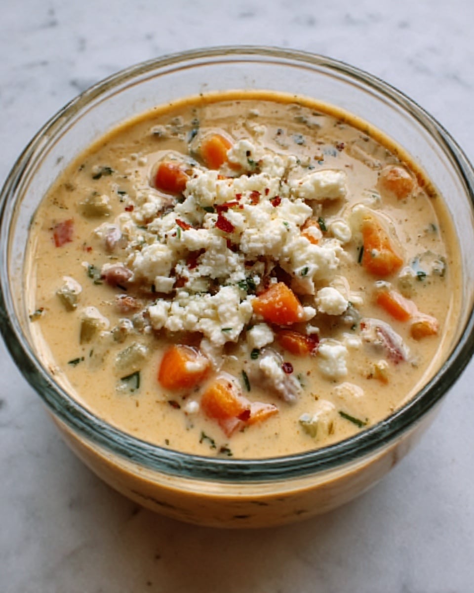 A clear glass bowl filled with creamy soup sits on a white marbled surface. The soup has a light beige color with visible chunks of cooked vegetables including orange carrots and green herbs. On top, there is a generous sprinkle of crumbled white cheese with bits of red pepper. The soup looks thick and rich with a smooth texture around the chunks. Photo taken with an iphone --ar 4:5 --v 7