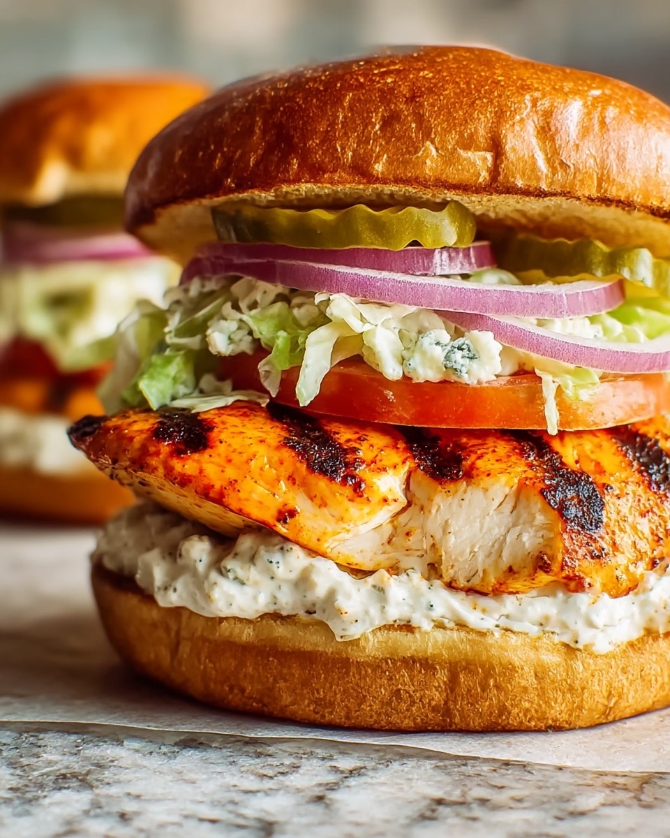 A close-up view of two chicken sandwiches on a white marbled textured surface, each with five visible layers. The bottom layer is a soft toasted bun with light brown color. Above it is a thick spread of creamy white sauce. Next is a grilled chicken breast with a bright orange-red color and dark grill marks. On top of the chicken is a layer of shredded coleslaw mixed with blue cheese chunks, adding white and pale green textures. Above the slaw are thin slices of red onion, tomato, and two pickle slices, all under a shiny, golden-brown toasted top bun. photo taken with an iphone --ar 4:5 --v 7