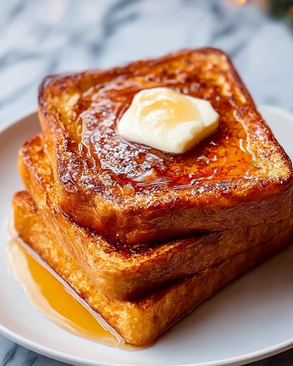 Two thick slices of French toast are stacked on a white plate, each slice golden brown with a crispy, caramelized surface. The top slice has a dollop of creamy butter melting in the center, surrounded by a shiny layer of syrup that drips slightly off the edges. The toast looks soft inside with a slightly crunchy outside. The background is a white marbled texture. photo taken with an iphone --ar 4:5 --v 7