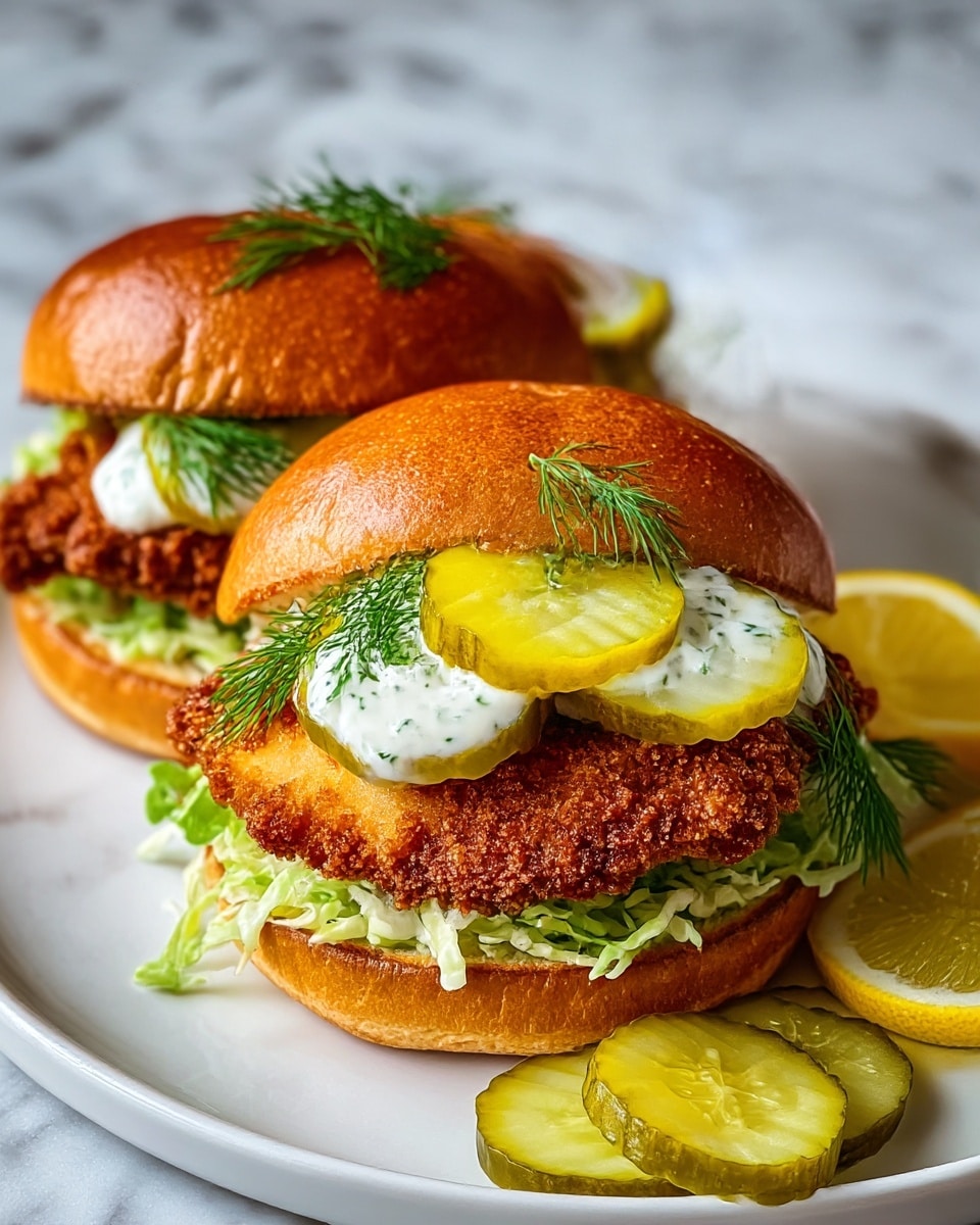 Two crispy fried fish sandwiches sit on a white plate with a white marbled surface below. Each sandwich has a shiny, golden-brown brioche bun on top and bottom. The bottom bun holds a layer of thinly shredded green lettuce, topped by a large, golden, crunchy fried fish fillet. Above the fish are several thinly sliced pale green pickles with dollops of white creamy sauce speckled with green herbs, and fresh sprigs of bright green dill. The top bun is shiny and smooth, slightly domed with a warm brown color. On the side of the plate are extra pickle slices and a lemon wedge. Photo taken with an iphone --ar 4:5 --v 7