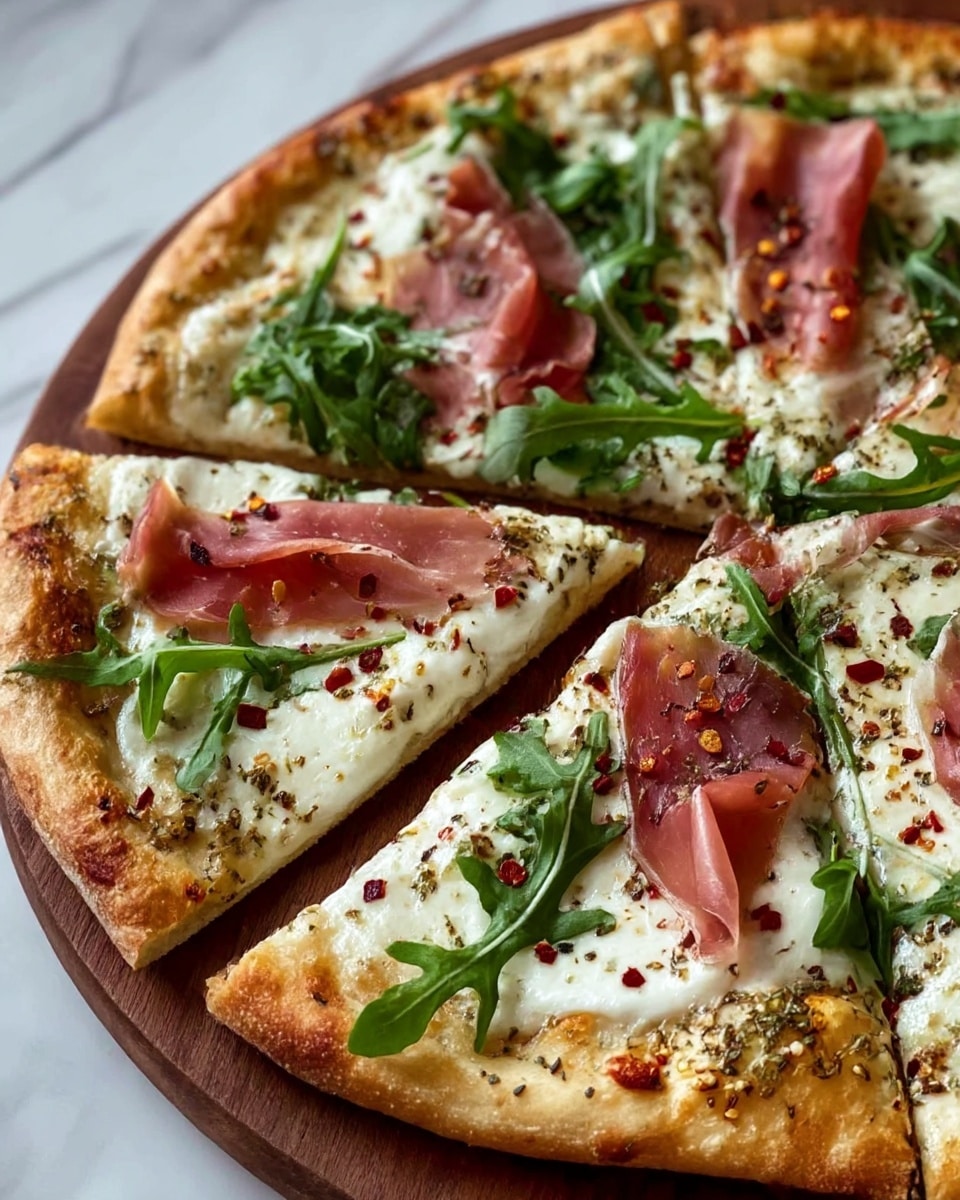 A pizza with a golden, slightly thick crust forms the base, topped with a creamy white cheese layer spread evenly. Over this, thin slices of pink ham are scattered, with fresh green arugula leaves placed on top of the cheese and ham, adding fresh color and texture. Sprinkled across the pizza are small red chili flakes and cracked black pepper, adding contrast and detail. The pizza is cut into slices and placed on a wooden board, set on a white marbled surface. photo taken with an iphone --ar 4:5 --v 7
