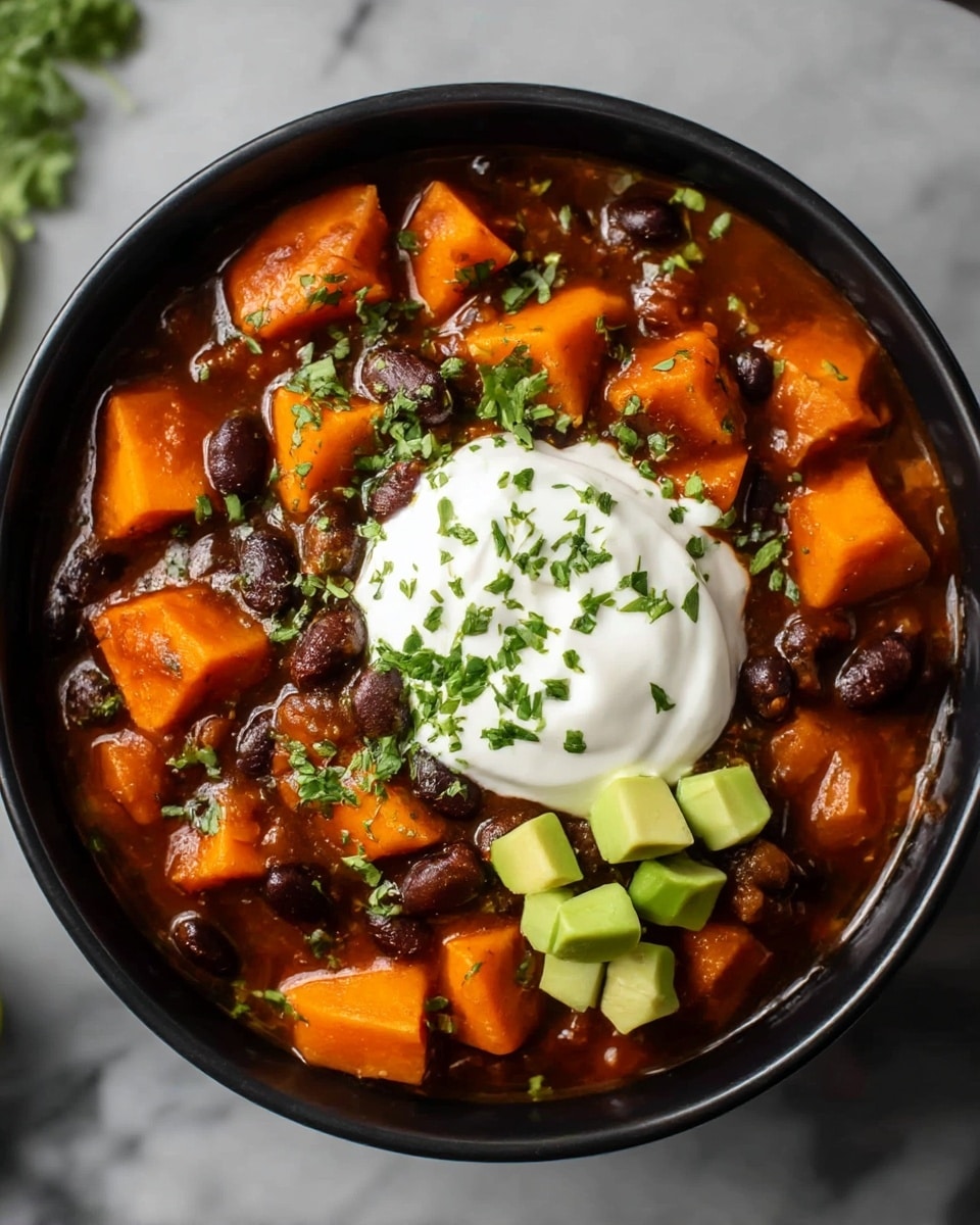 A black bowl filled with a thick, chunky stew made of dark orange sweet potato pieces and black beans in a reddish-brown sauce, topped with a large dollop of white sour cream and small light green avocado cubes on one side, all sprinkled with finely chopped green herbs. The bowl sits on a white marbled textured surface with some lime slices blurred in the background. photo taken with an iphone --ar 4:5 --v 7