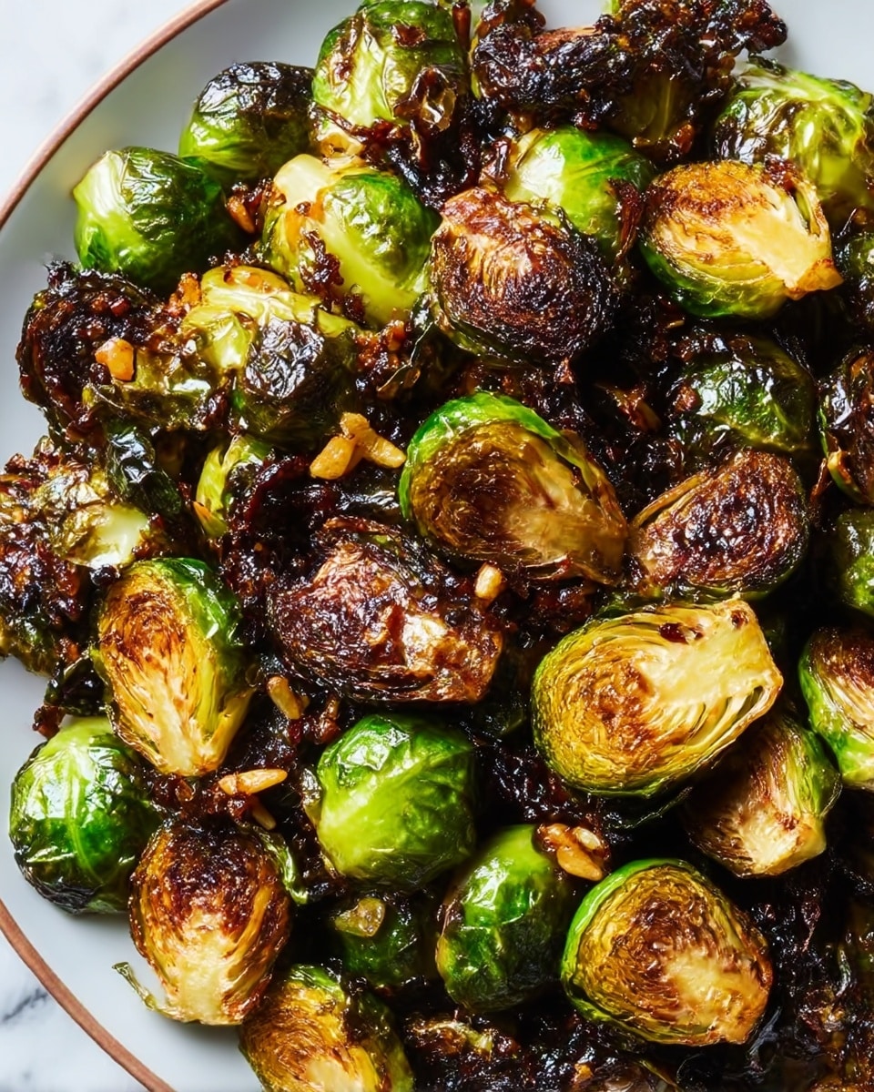 The image shows close-up roasted Brussels sprouts that are halved, with outer leaves that are dark, almost blackened, showing a crispy texture. The inner parts of the sprouts are green and slightly translucent, with a tender look. Some pieces have caramelized brown edges and a slight char, indicating a well-roasted preparation. The texture is mixed with crunchy, crispy bits and soft, cooked parts, and the overall appearance is rich and hearty, on a white marbled surface. Photo taken with an iphone --ar 4:5 --v 7