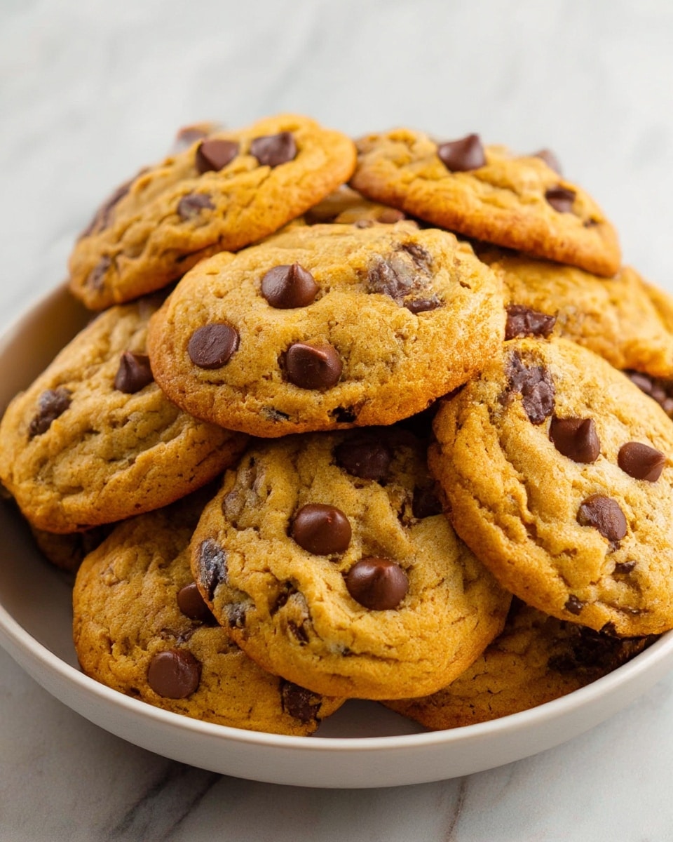 A pile of soft, golden-brown chocolate chip cookies sits inside a white bowl, each cookie studded with dark chocolate chips that slightly melt and glisten. The cookies have a slightly textured surface with a gentle crisp around the edges and a soft, fluffy center. The bowl is placed on a white marbled surface, highlighting the warm tones of the cookies. photo taken with an iphone --ar 4:5 --v 7